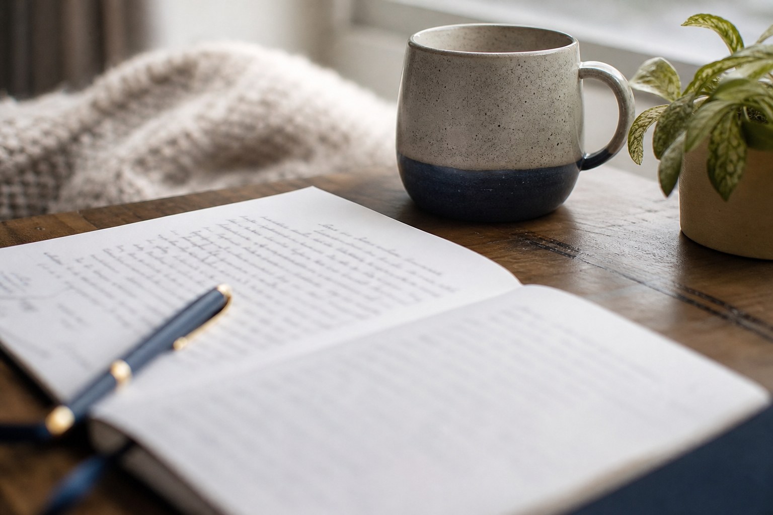 An open journal and mug on a wooden table during a quiet moment of reflection