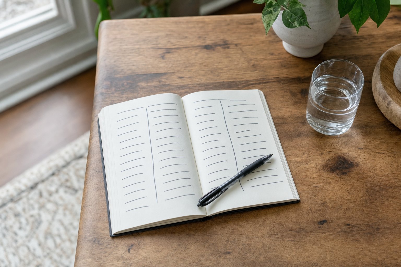An open notebook with two columns for separating events from assumptions
