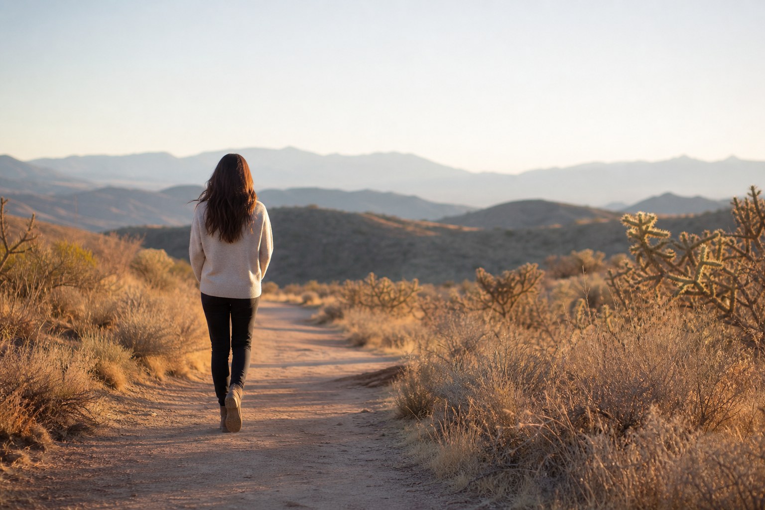 A person walking alone on a quiet desert path in morning light