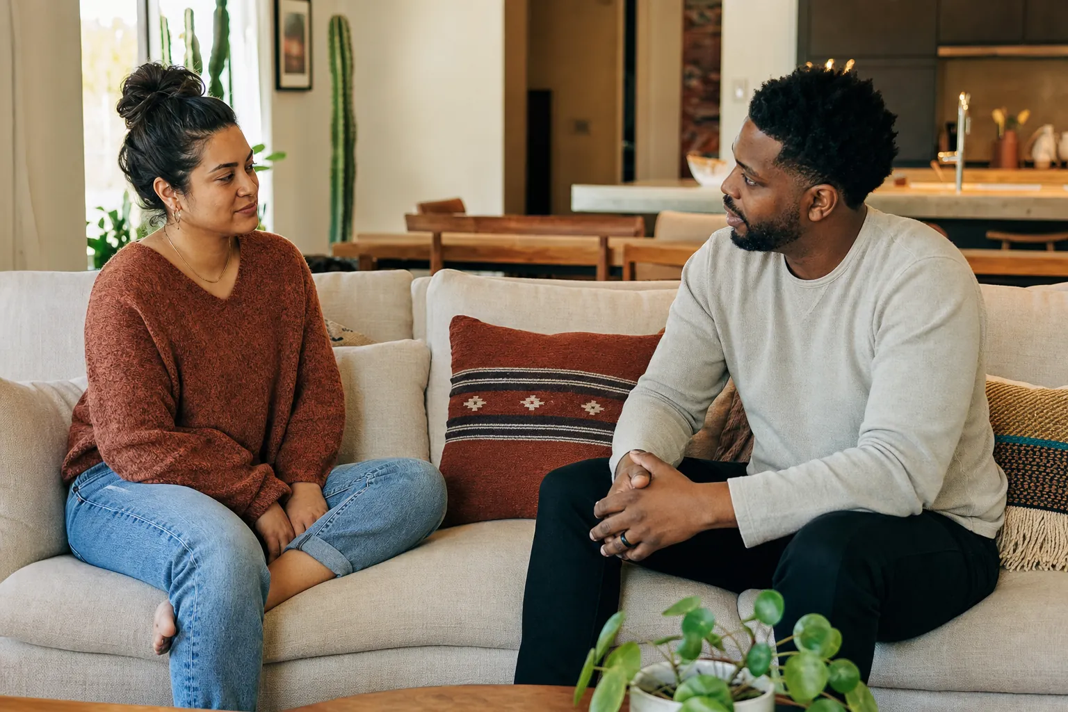 A couple seated on a sofa having a calm, attentive conversation