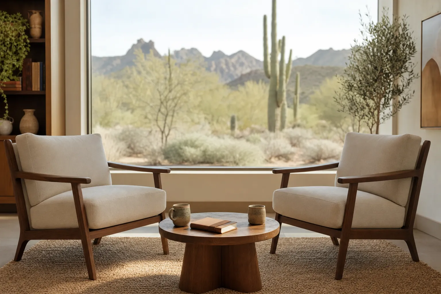 Two armchairs facing one another in a sunlit Arizona room