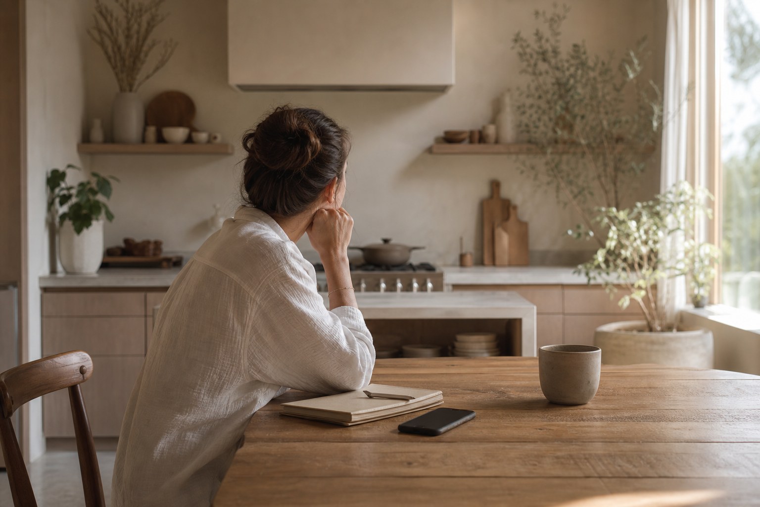 A person sitting quietly at a kitchen table with a notebook and phone