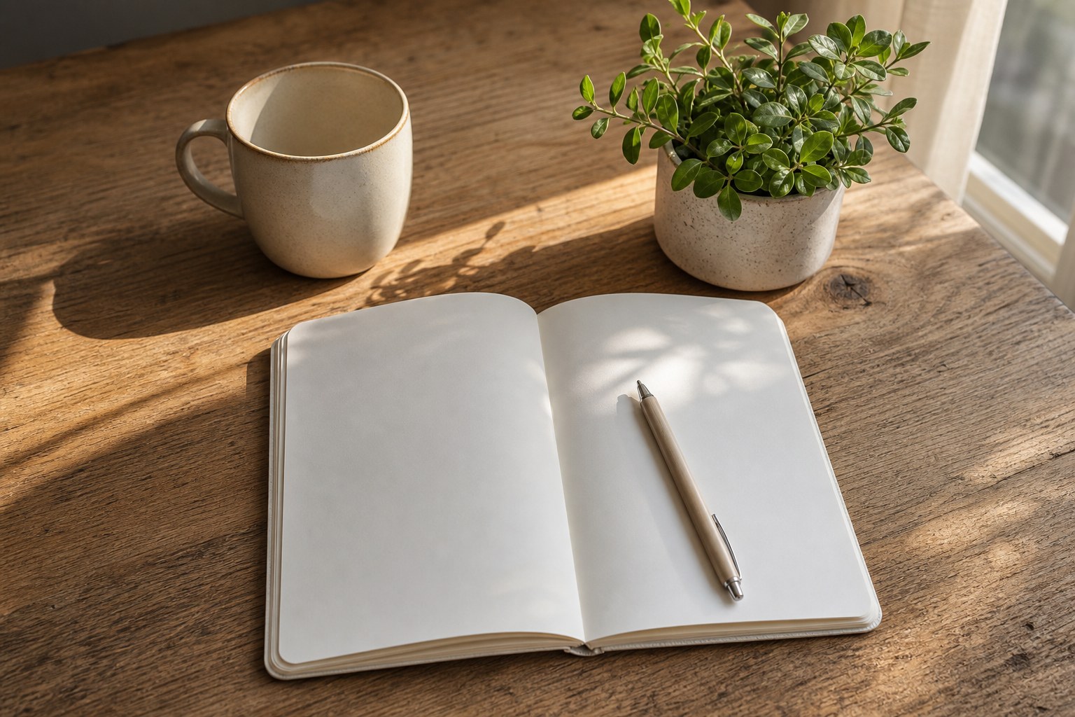 An open blank journal with a pen, mug, and small plant on a wooden table