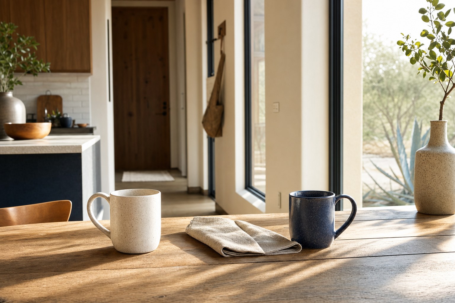 Two ceramic mugs on a sunlit table prepared for a conversation