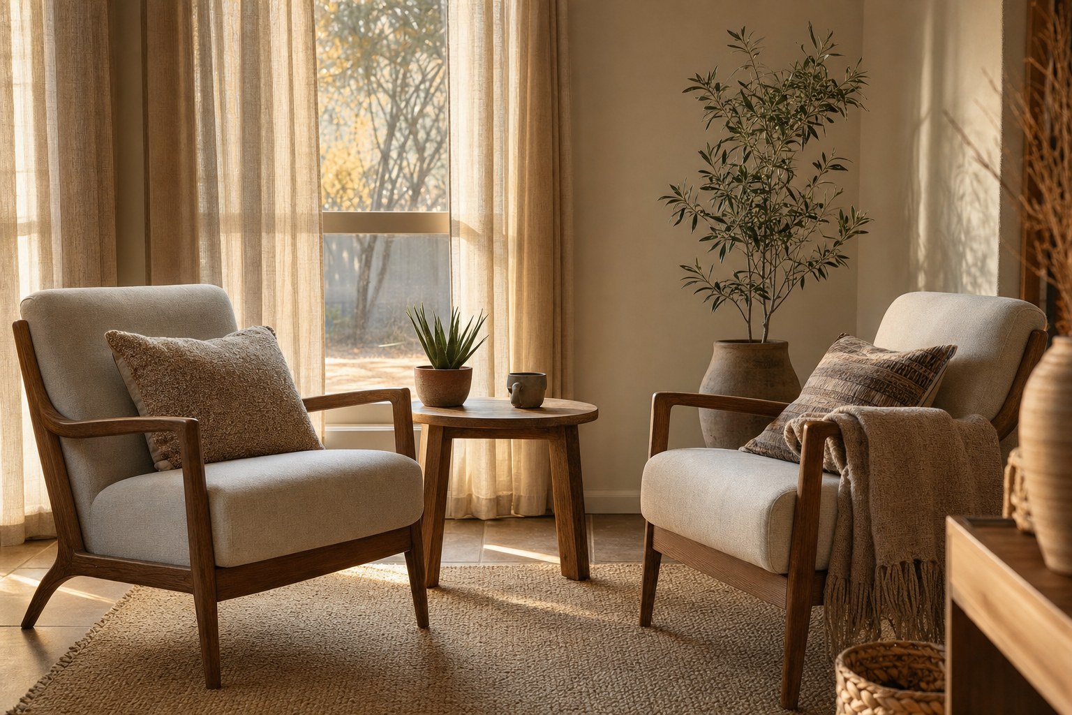 Two empty chairs facing one another in a warm, private room
