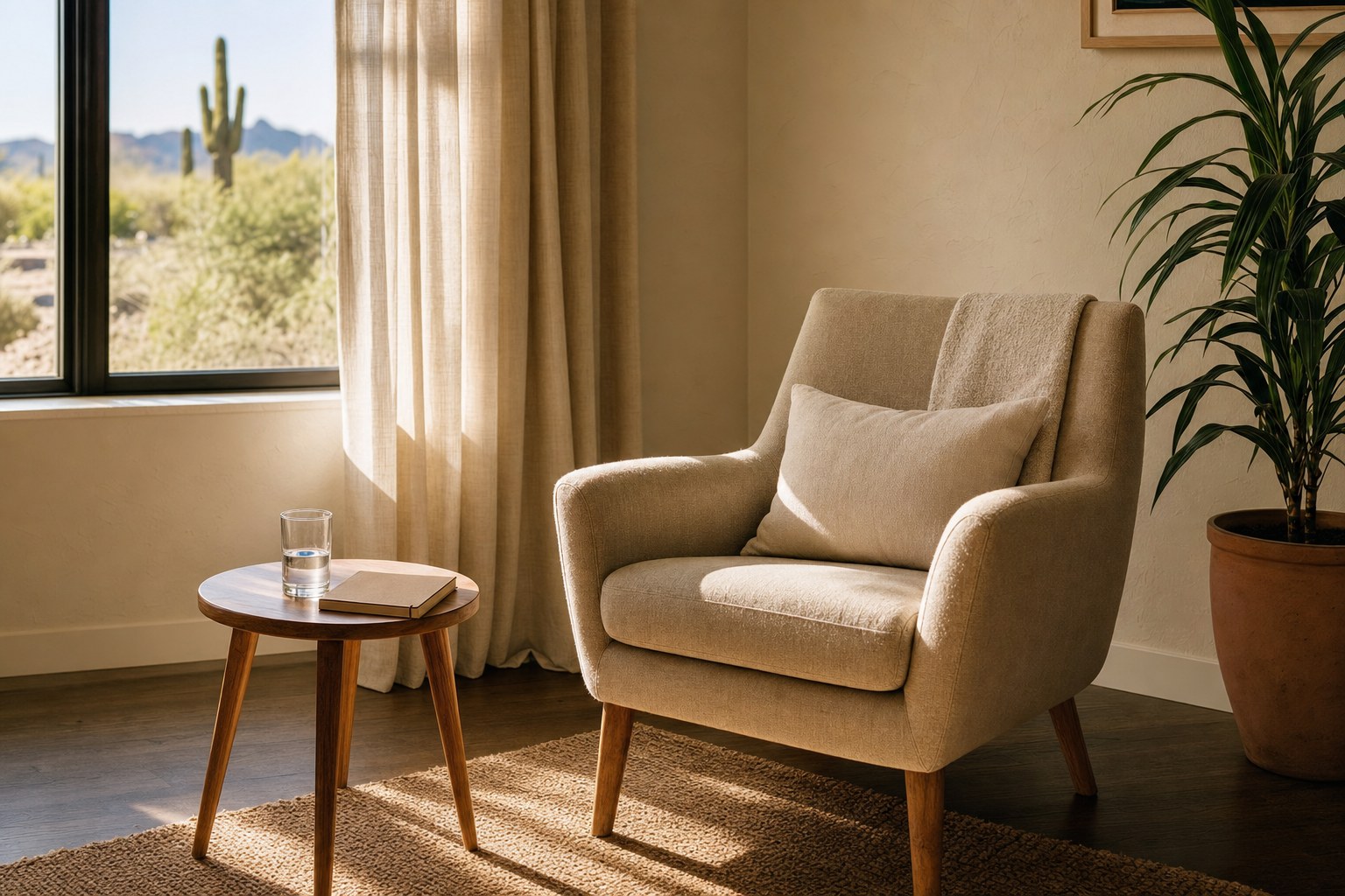 A comfortable chair beside a sunlit window in a calm therapy room