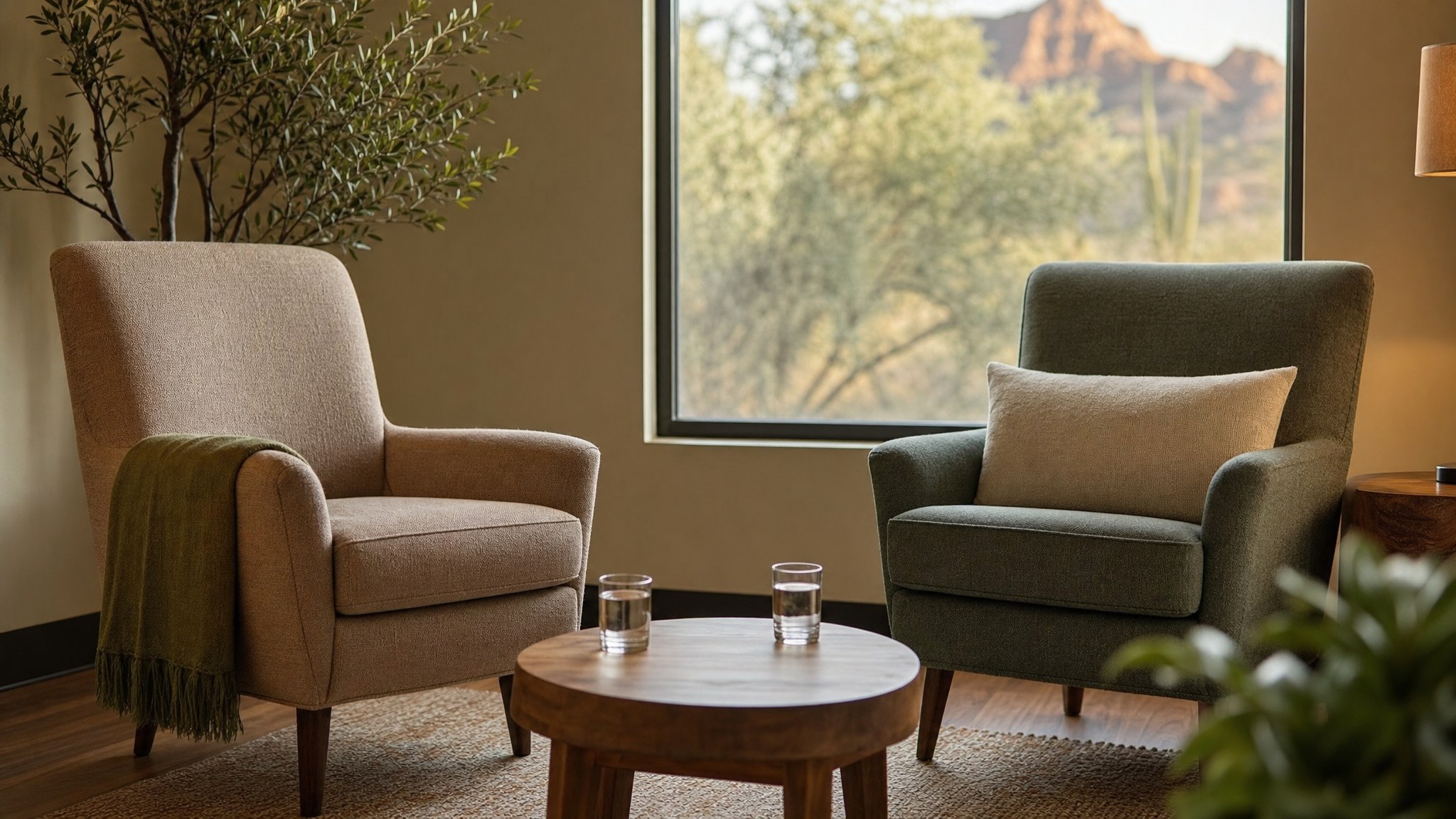 Two empty chairs facing one another in a calm, sunlit room