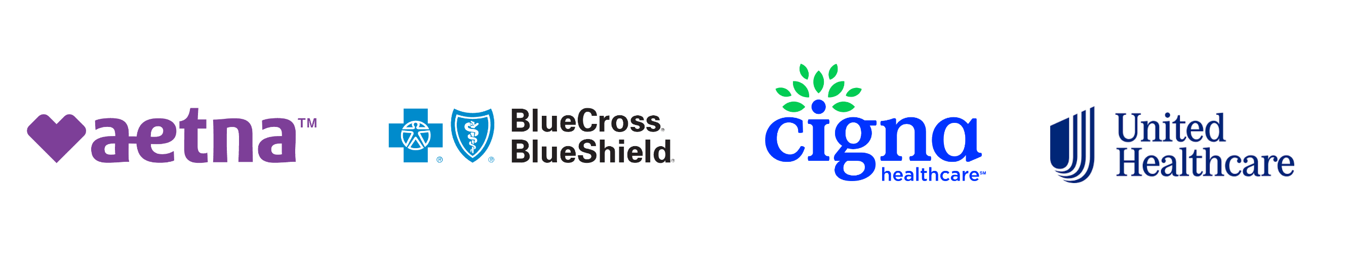 Logos for Aetna, Blue Cross Blue Shield, Cigna, and UnitedHealthcare
