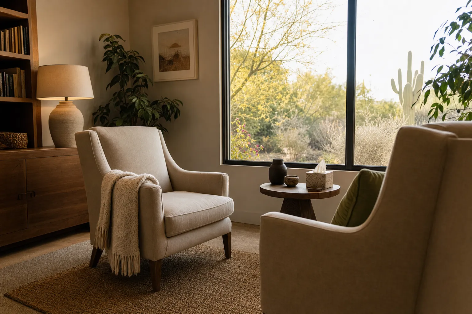 A calm therapy office with two chairs facing each other