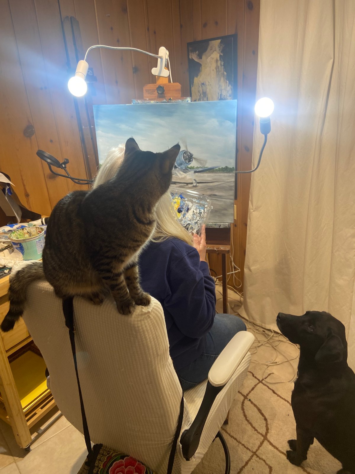 Rebecca painting at her easel, with Frankie, her male tabby, perched on her chair and Molly, her Pyrador, beside her