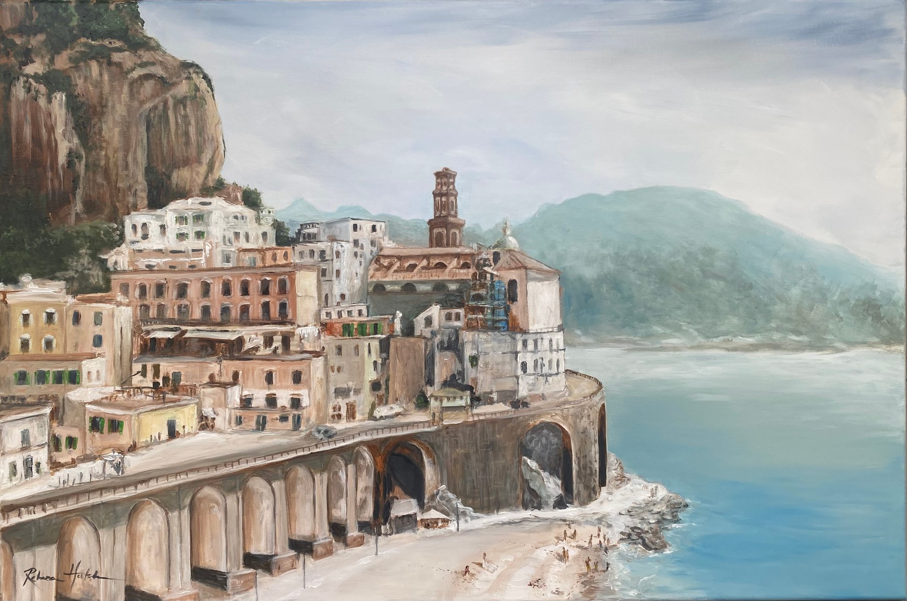 Painting of a coastal town beside turquoise water and mountains