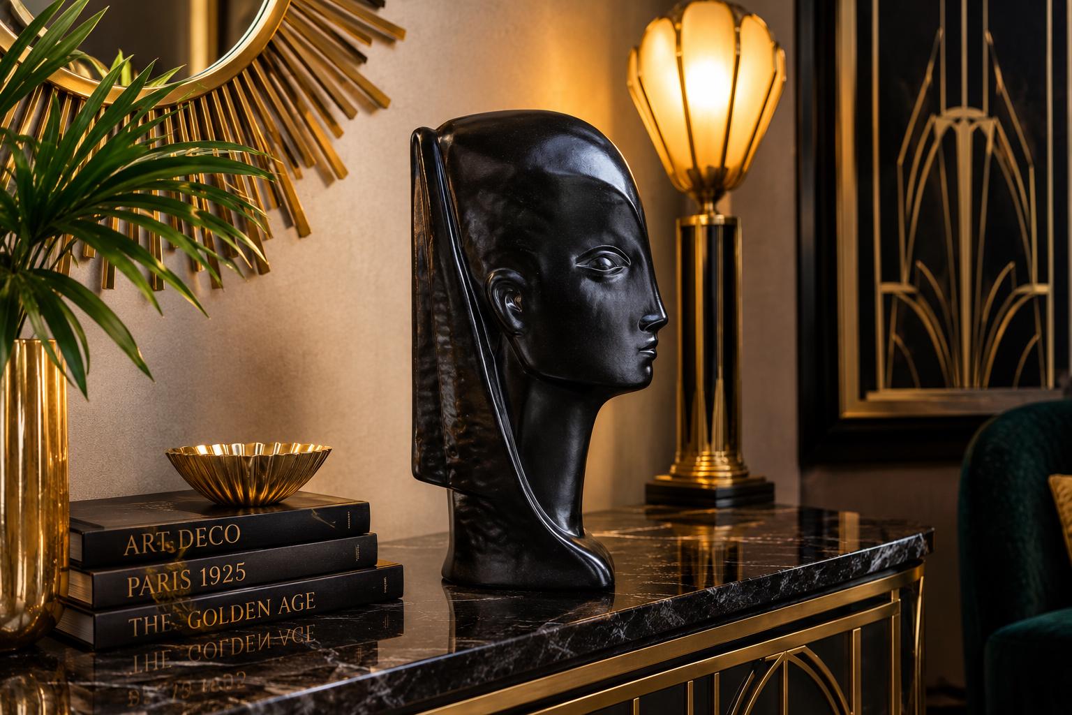 1980s Neo Deco Ceramic Female Bust – Black Satin Glaze Lady Head Sculpture