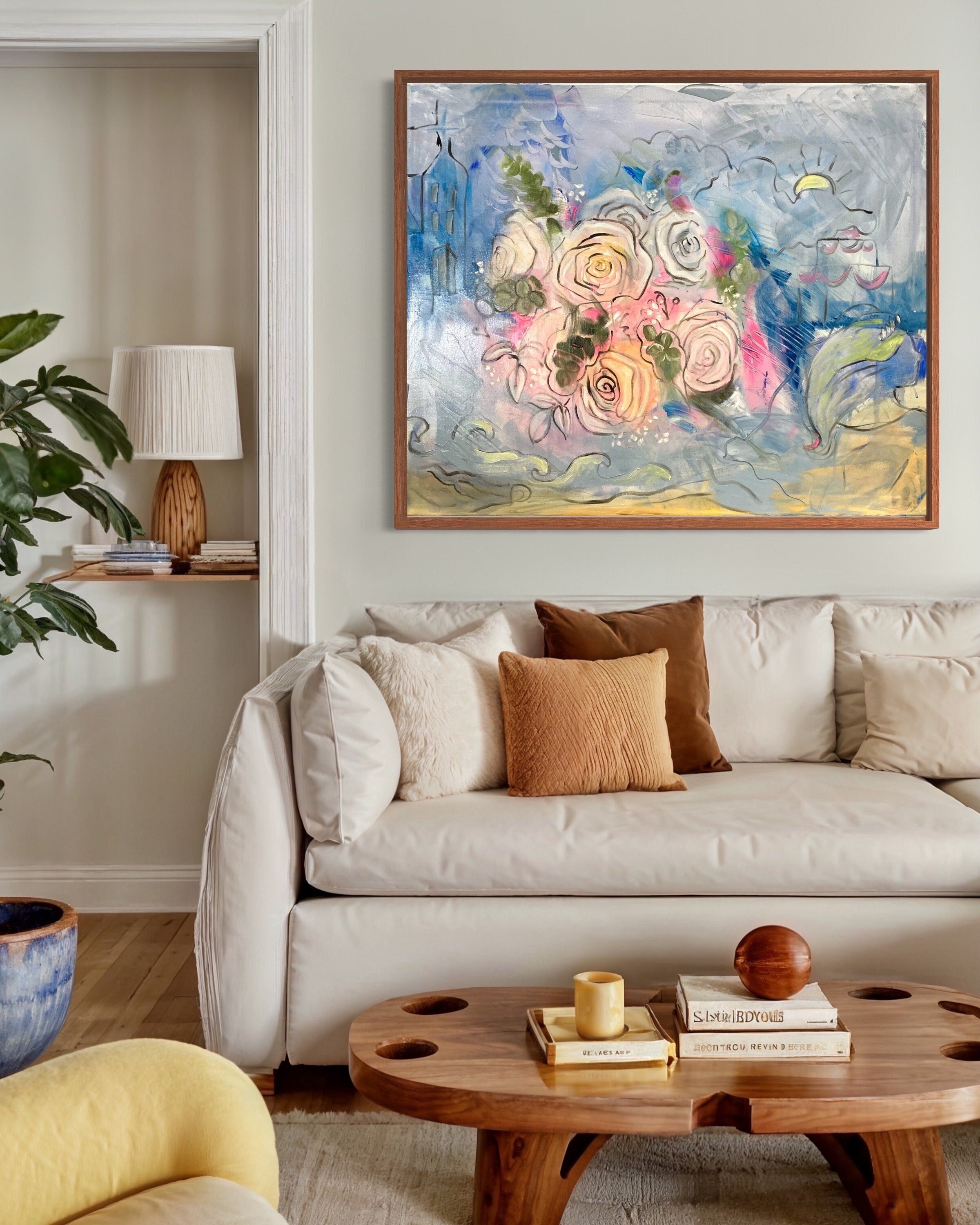 Abstract Floral Art, Pink and Blue Flower Painting, Oversized Acrylic on Canvas