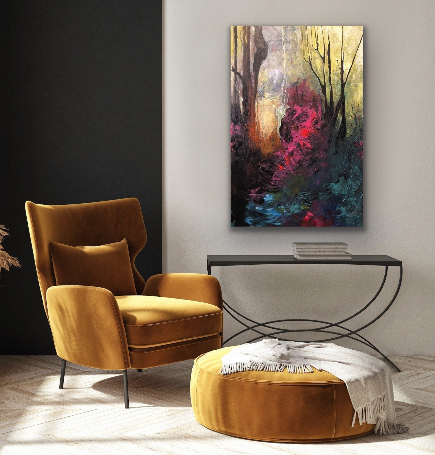 Abstract Landscape Painting, Pink Yellow Green, 24x36" Original Wall Art