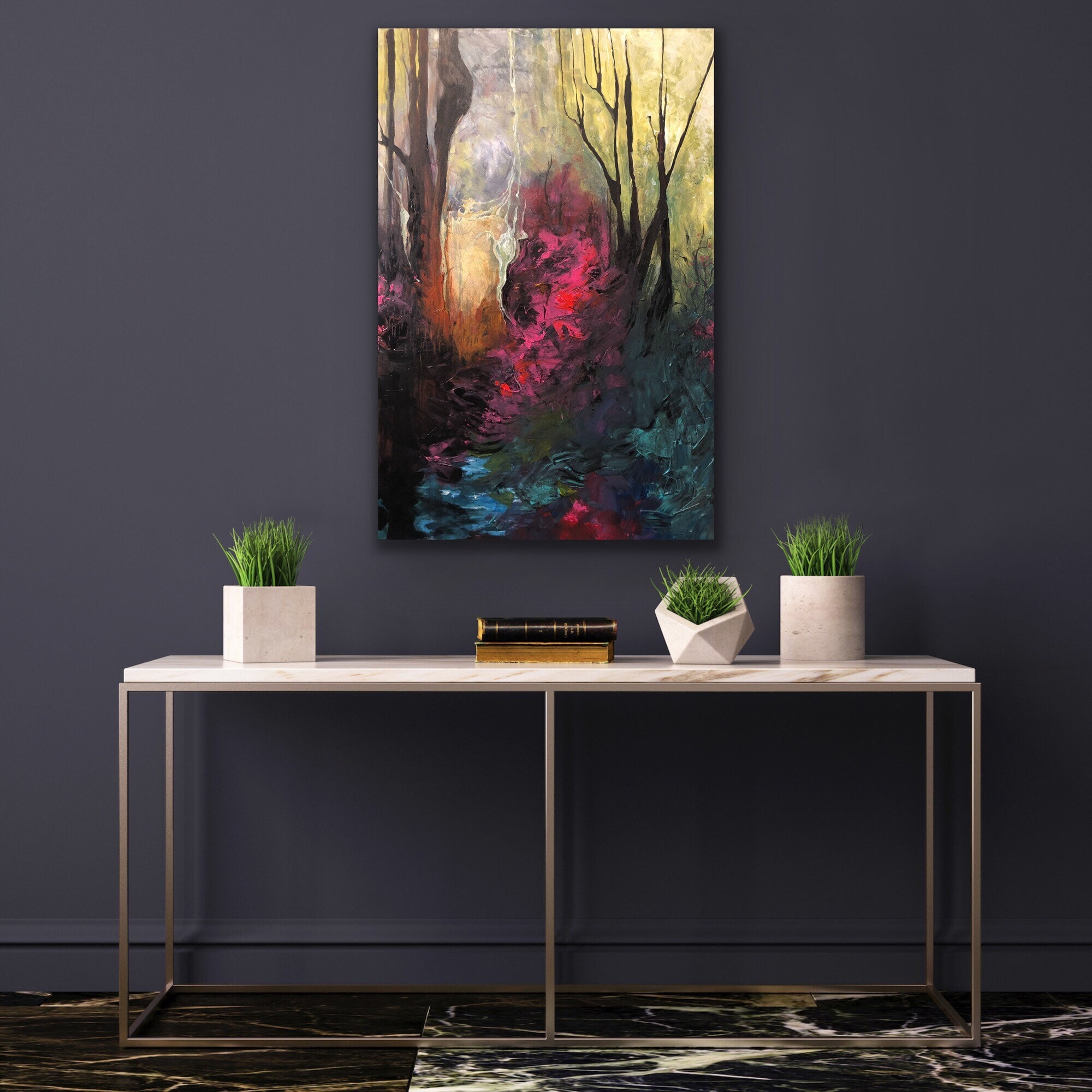 Abstract Landscape Painting, Pink, Yellow, Green, 24x36" Original Wall Art