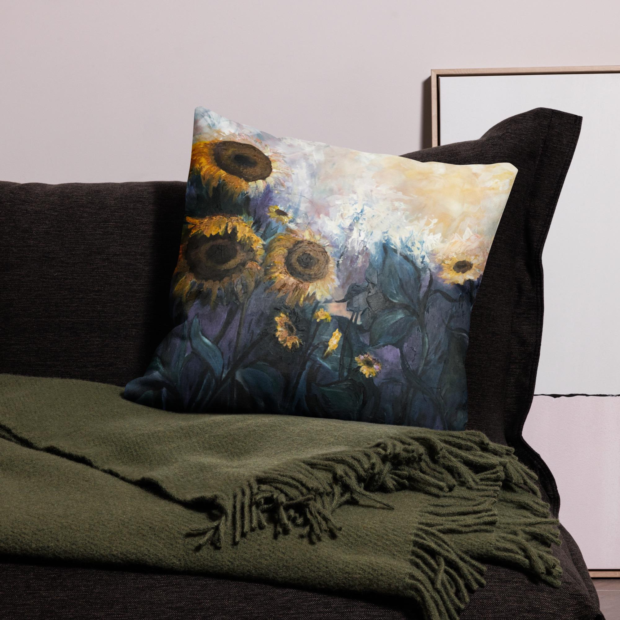 Abstract Sunflower Throw Pillow, Yellow, Purple, Green