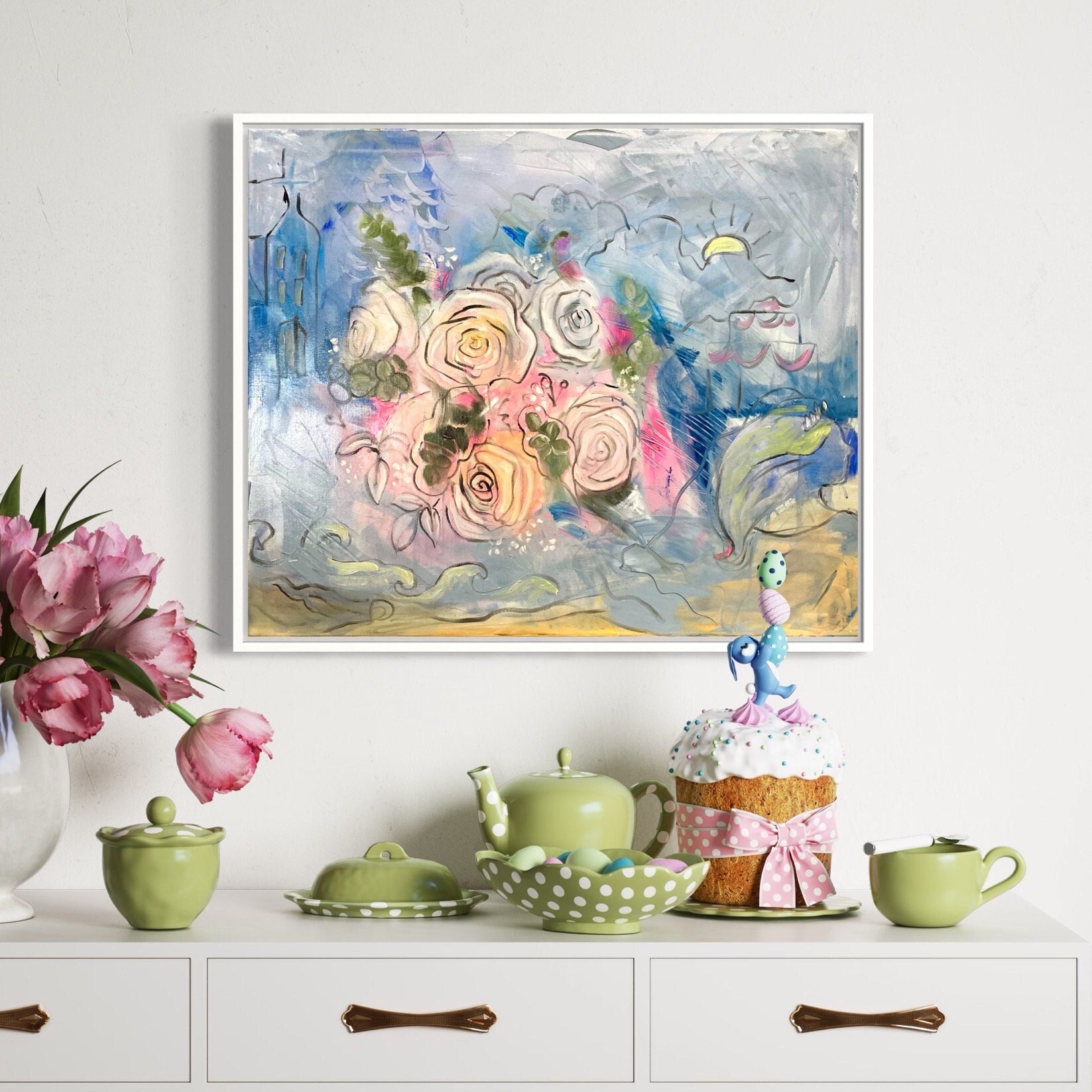 Original Bridal Bouquet Oil Painting, Pink and Blue Flowers, 20x24