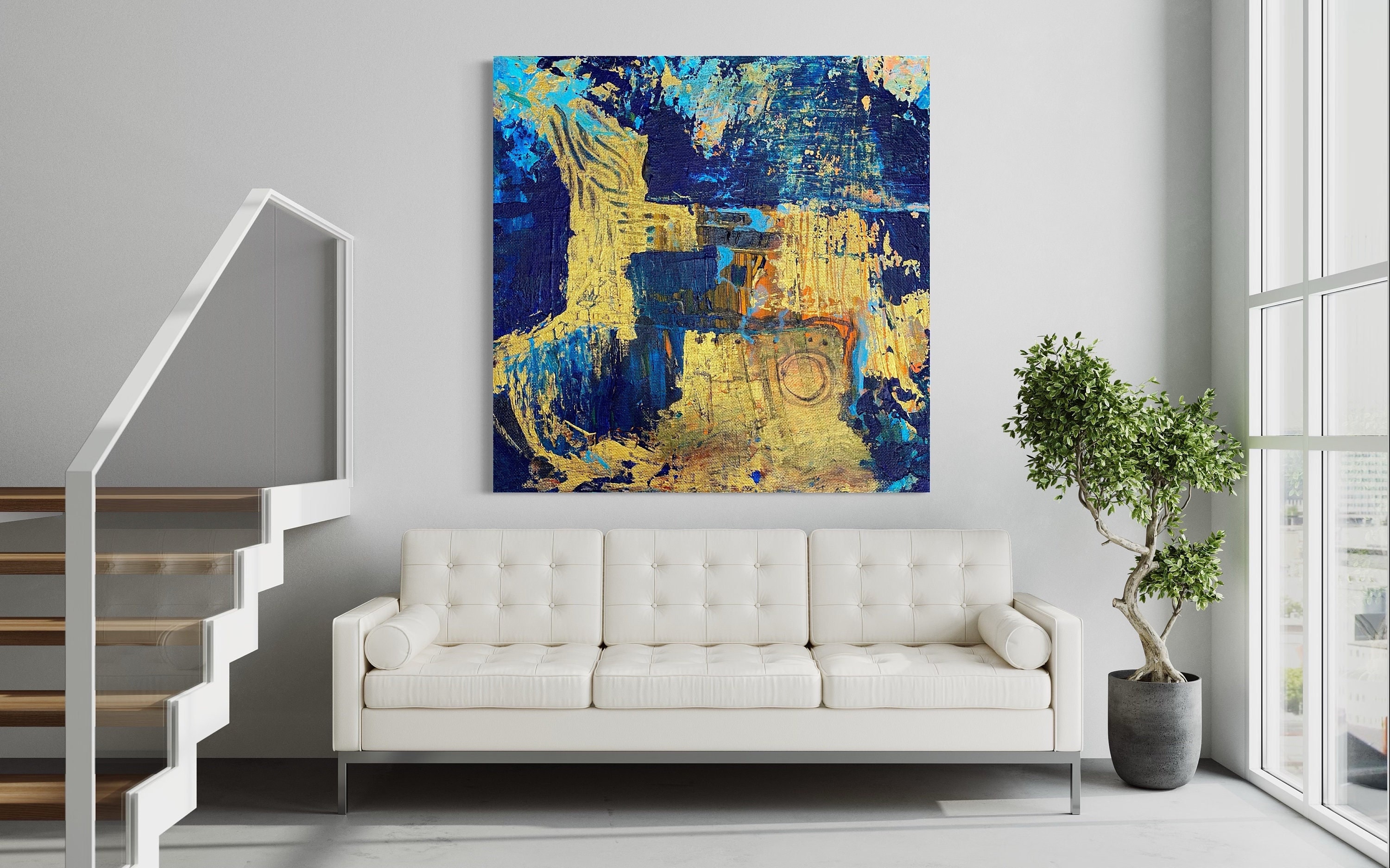 Commission Blue and Gold Abstract Painting on Canvas - Oversized Art