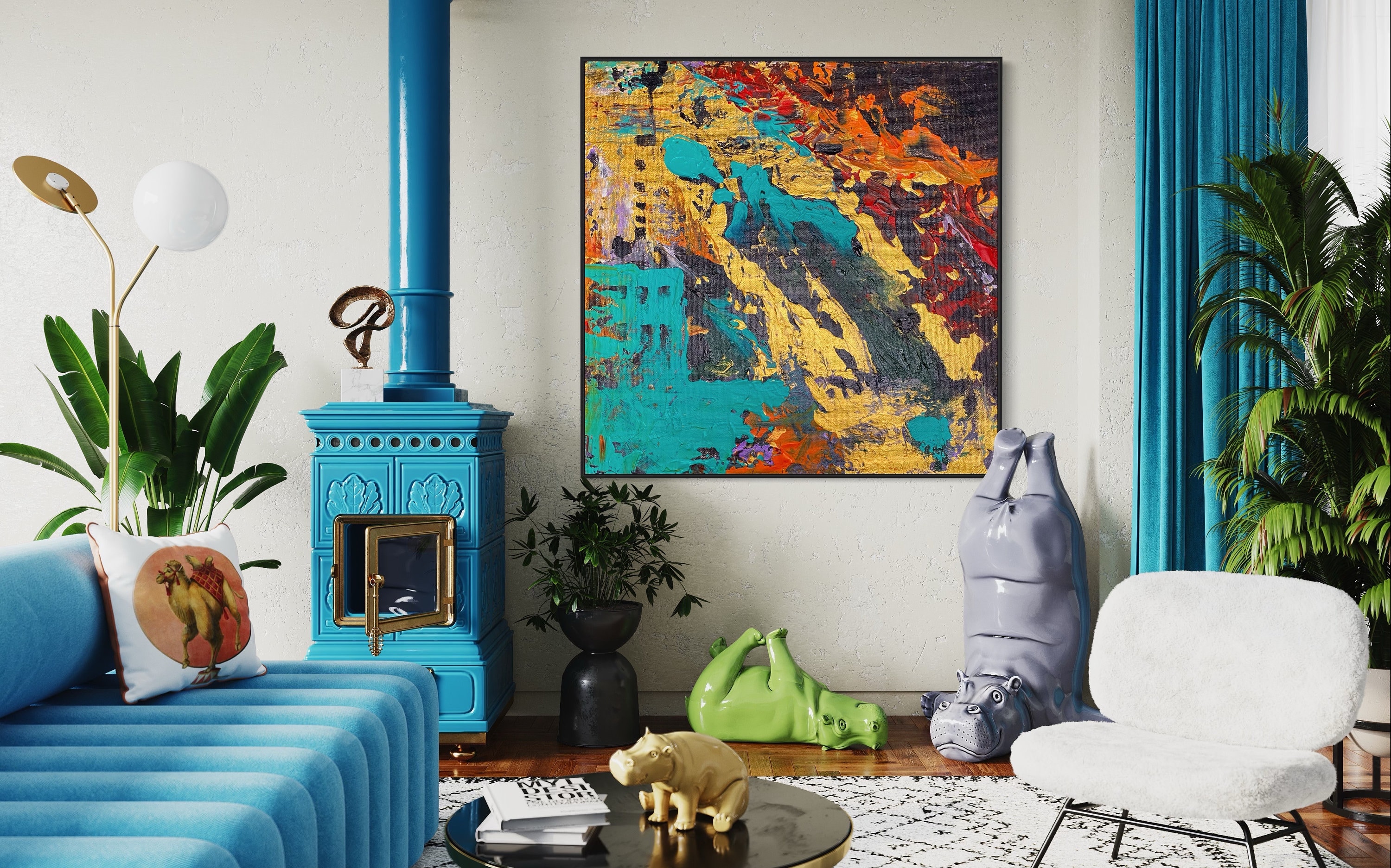 CUSTOM Abstract Painting, Oversized Paintings, Commission Painting - Turquoise, Gold, Red, Orange