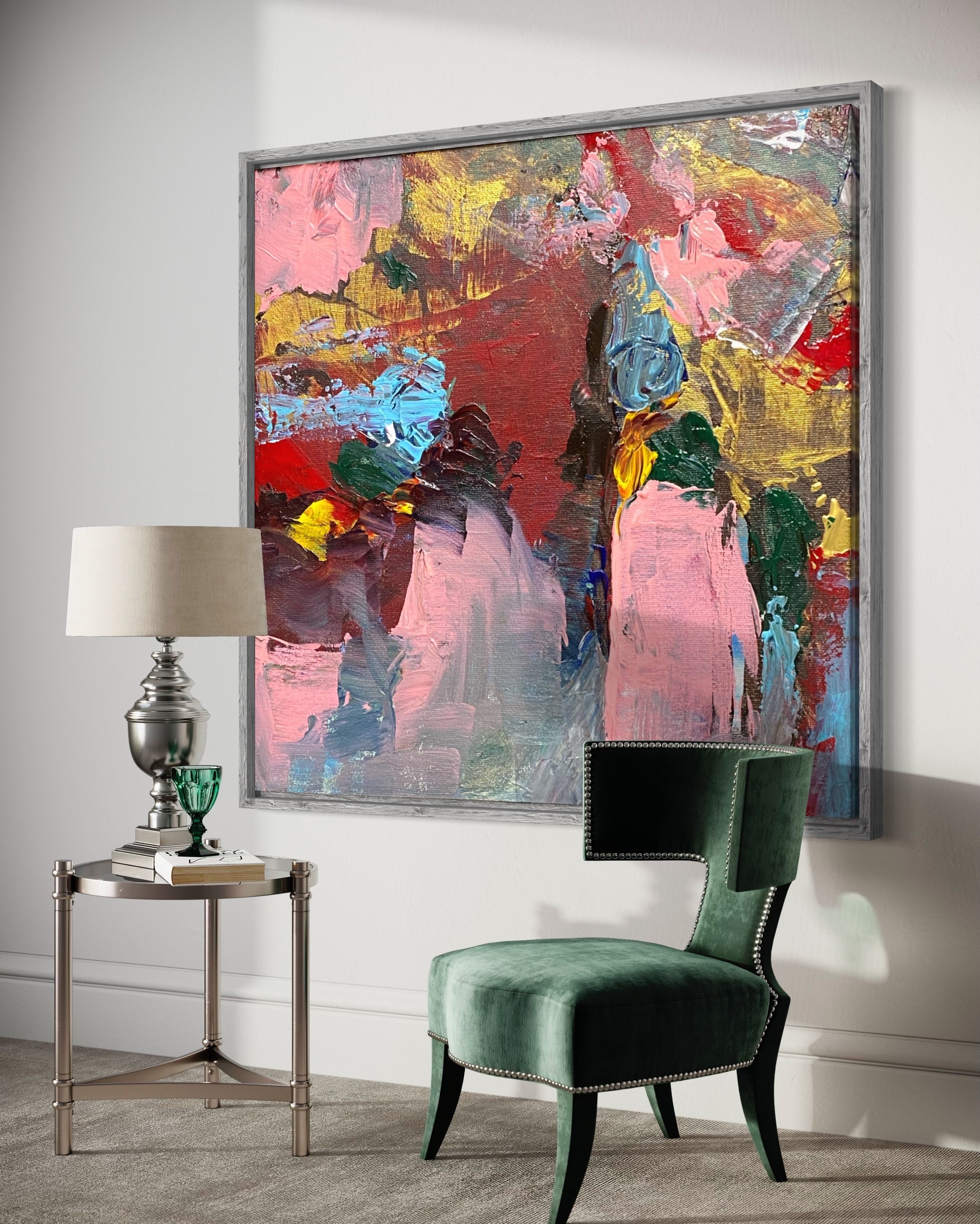Custom Abstract Painting, Pink Red Gold Blue Green Palette, USA Made