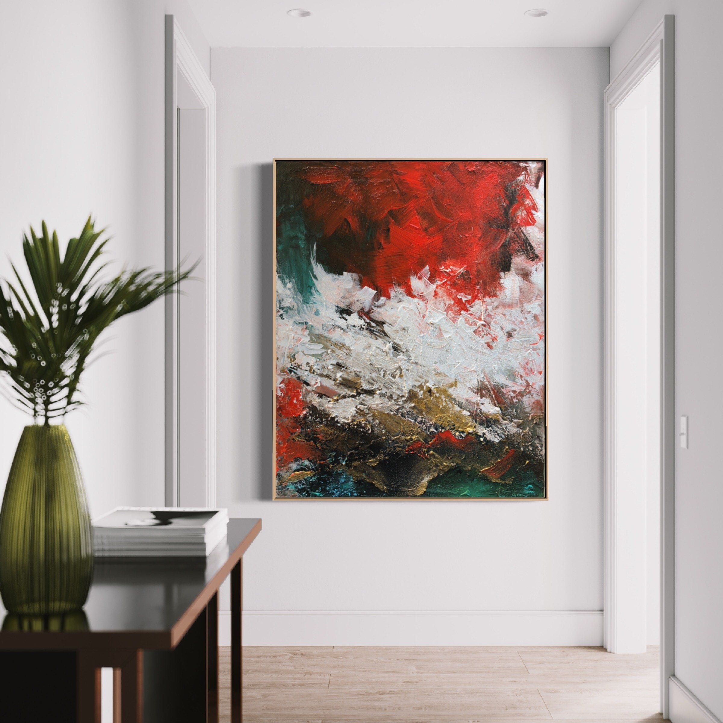 Custom Abstract Painting: Red, White, Green, and Gold Metallic