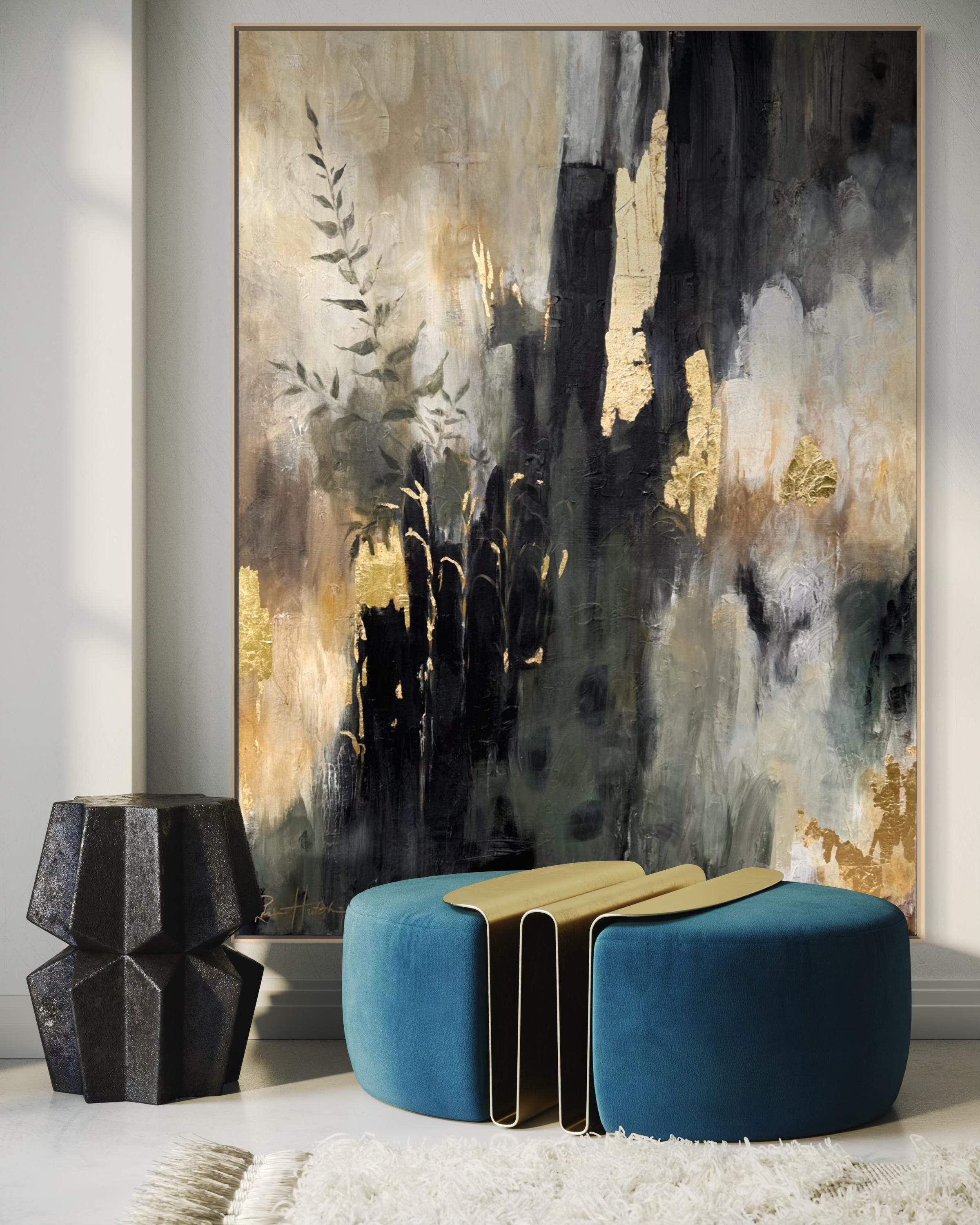 Custom Black and Gold Leaf Abstract Acrylic or Oil Painting Commission