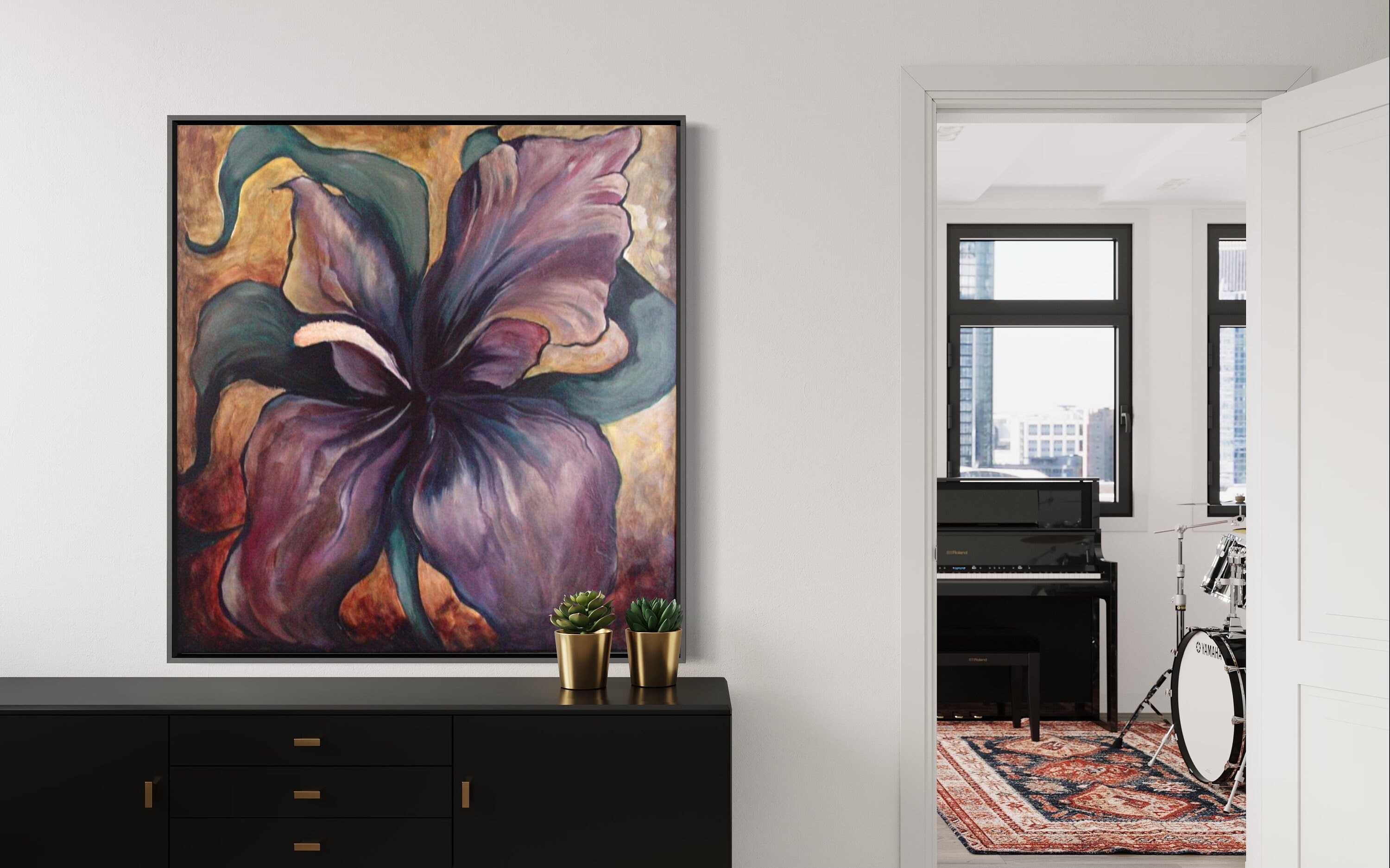 Custom Floral Painting, Wall Art, Original Stretched Canvas Art - Purple, Green, Gold