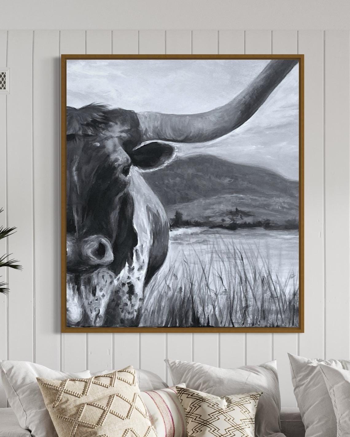 CUSTOM Longhorn Bull Painting,Hand-Painted Black and White Wildlife Artwork, Cowboy Art