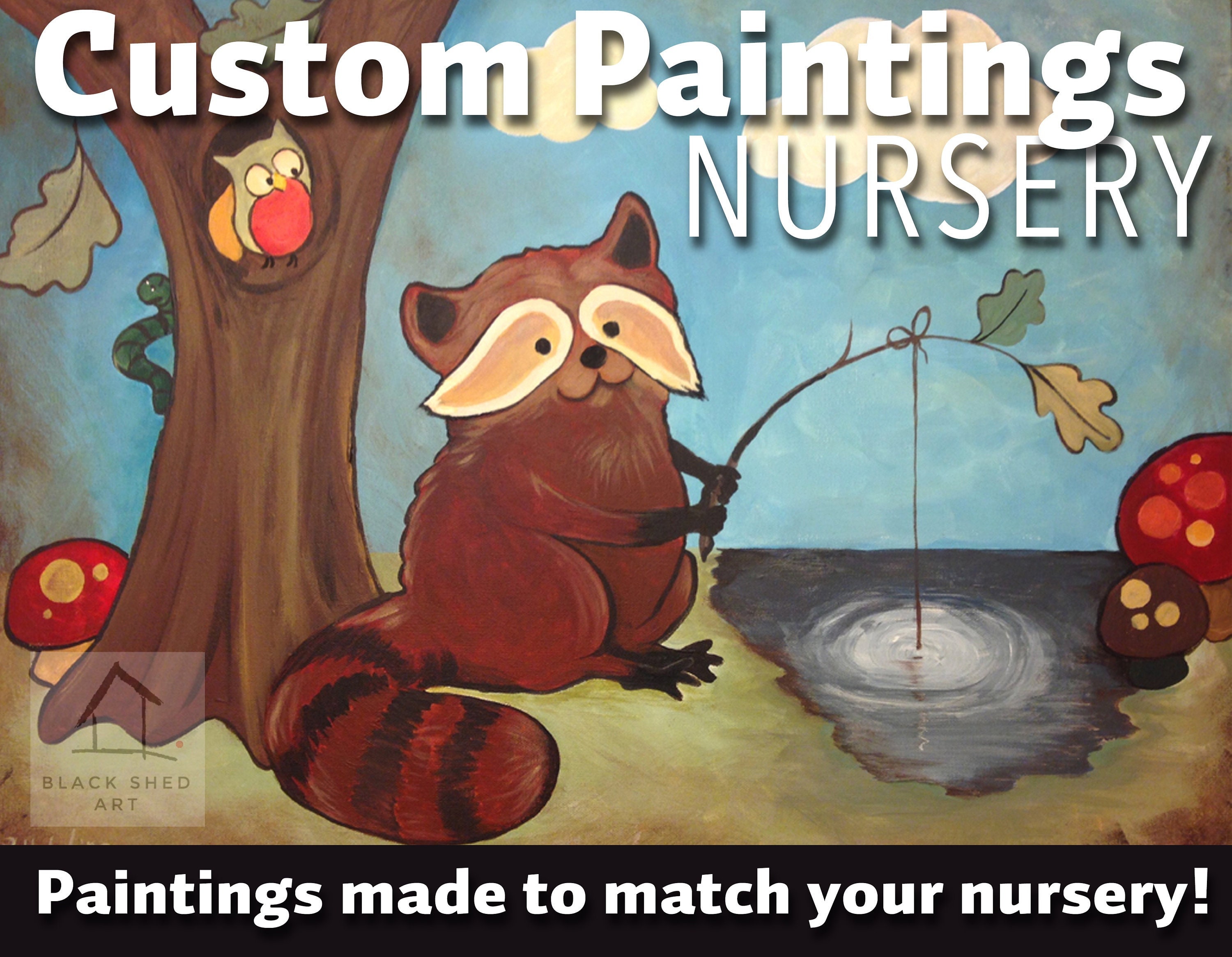 Custom Nursery Wall Art: Raccoon, Owl, Made to Match Your Nursery