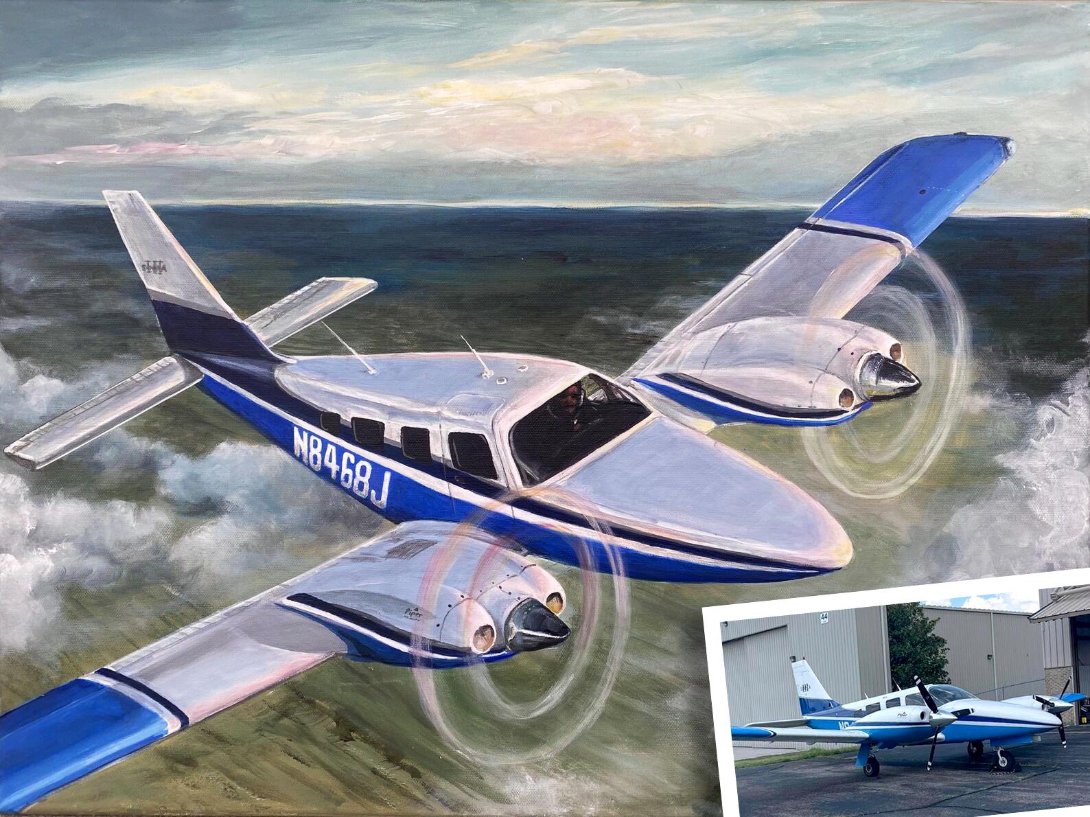 Custom Piper Seneca III Painting from Photo: Hand-Painted Aircraft Portrait, Custom Art