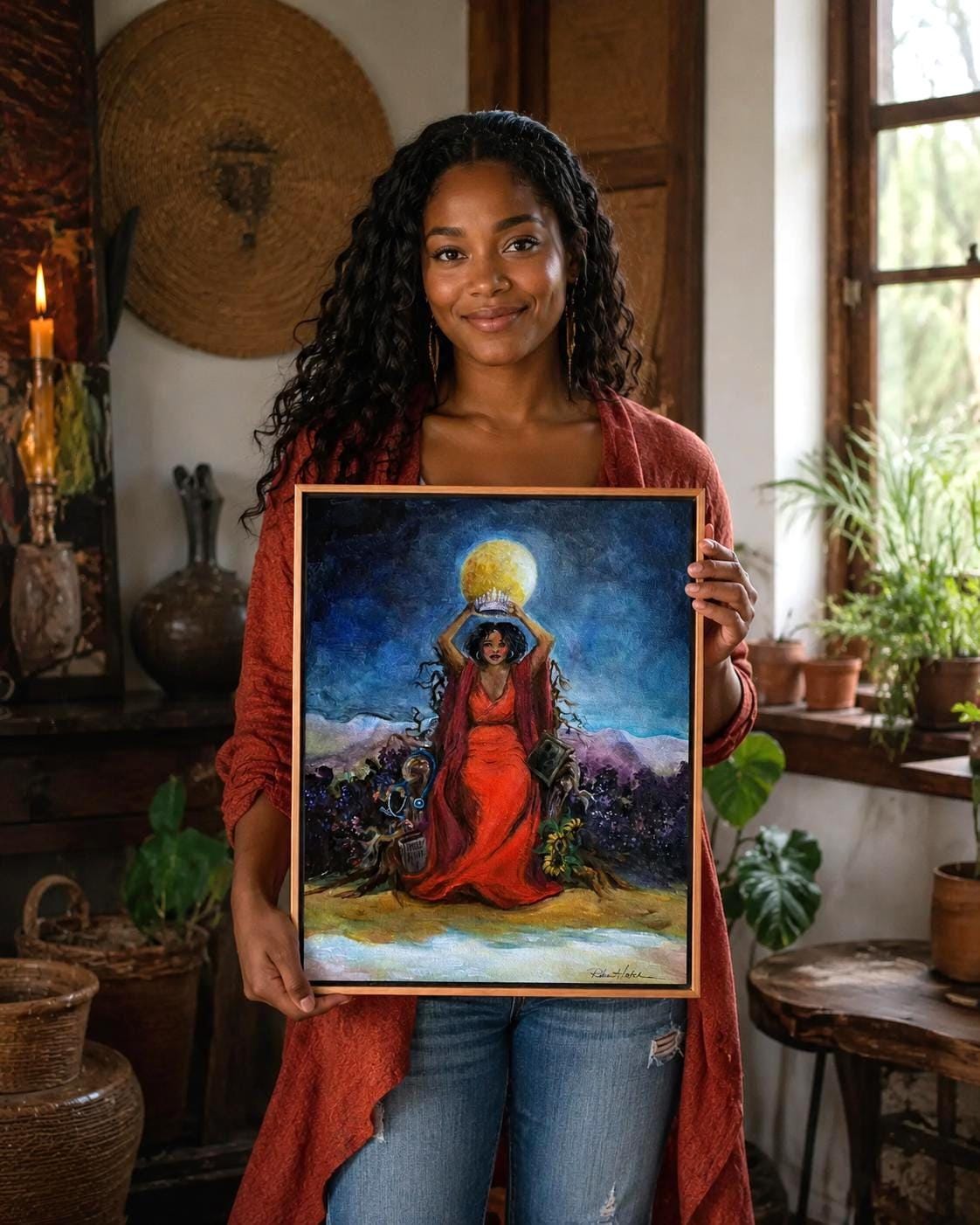 Custom Symbolic Portrait Painting, Black Woman Art, Personalized Sister Gift, Queen Wall Art, Original Hand-Painted Canvas
