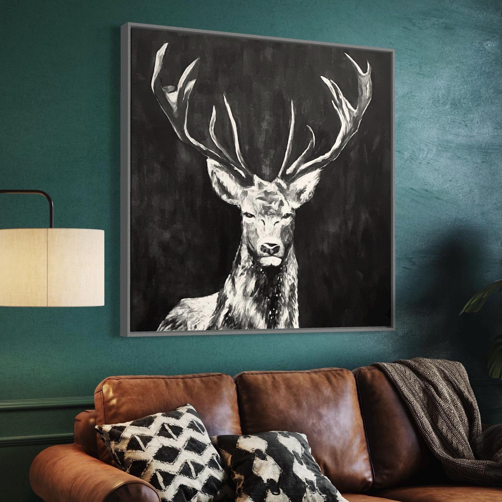 Deer Wall Art Painting,Hand-Painted Black and White Wildlife Artwork, Gift for Hunter