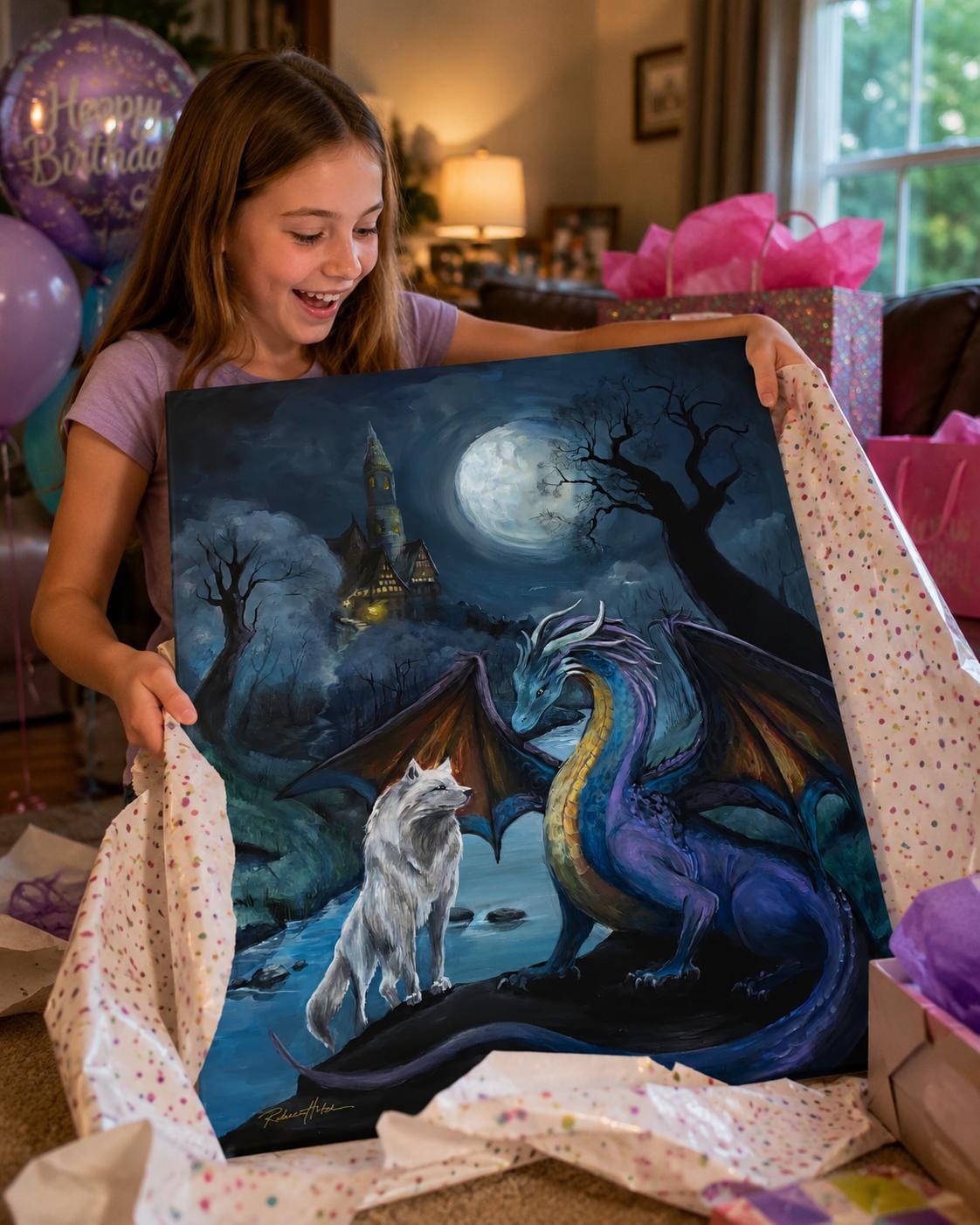 Dragon and Wolf Moonlight Painting, Custom Fantasy Art
