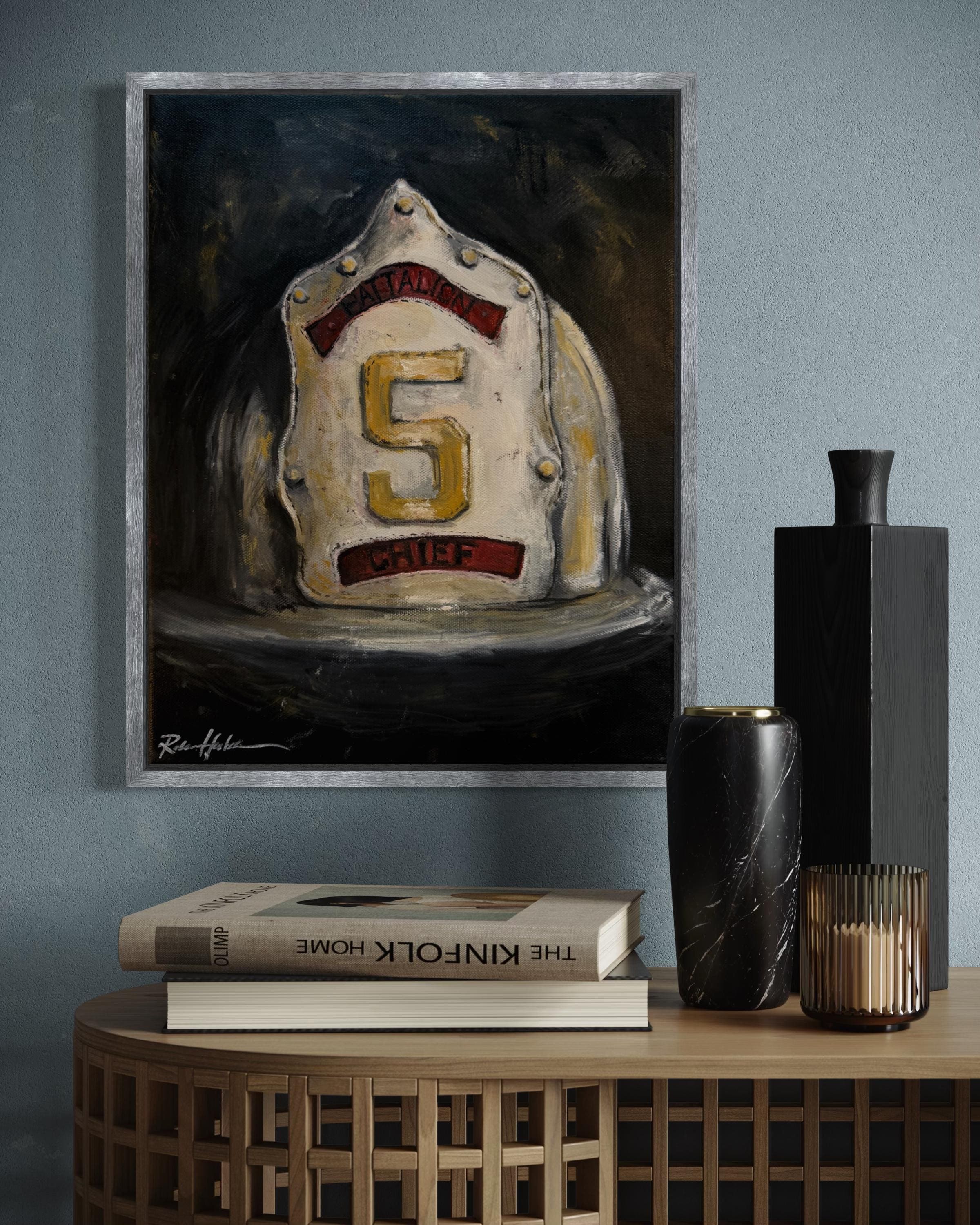 Fireman’s Helmet Painting: Hand-Painted Oil Stretched Canvas, Firefighter Retirement Gift