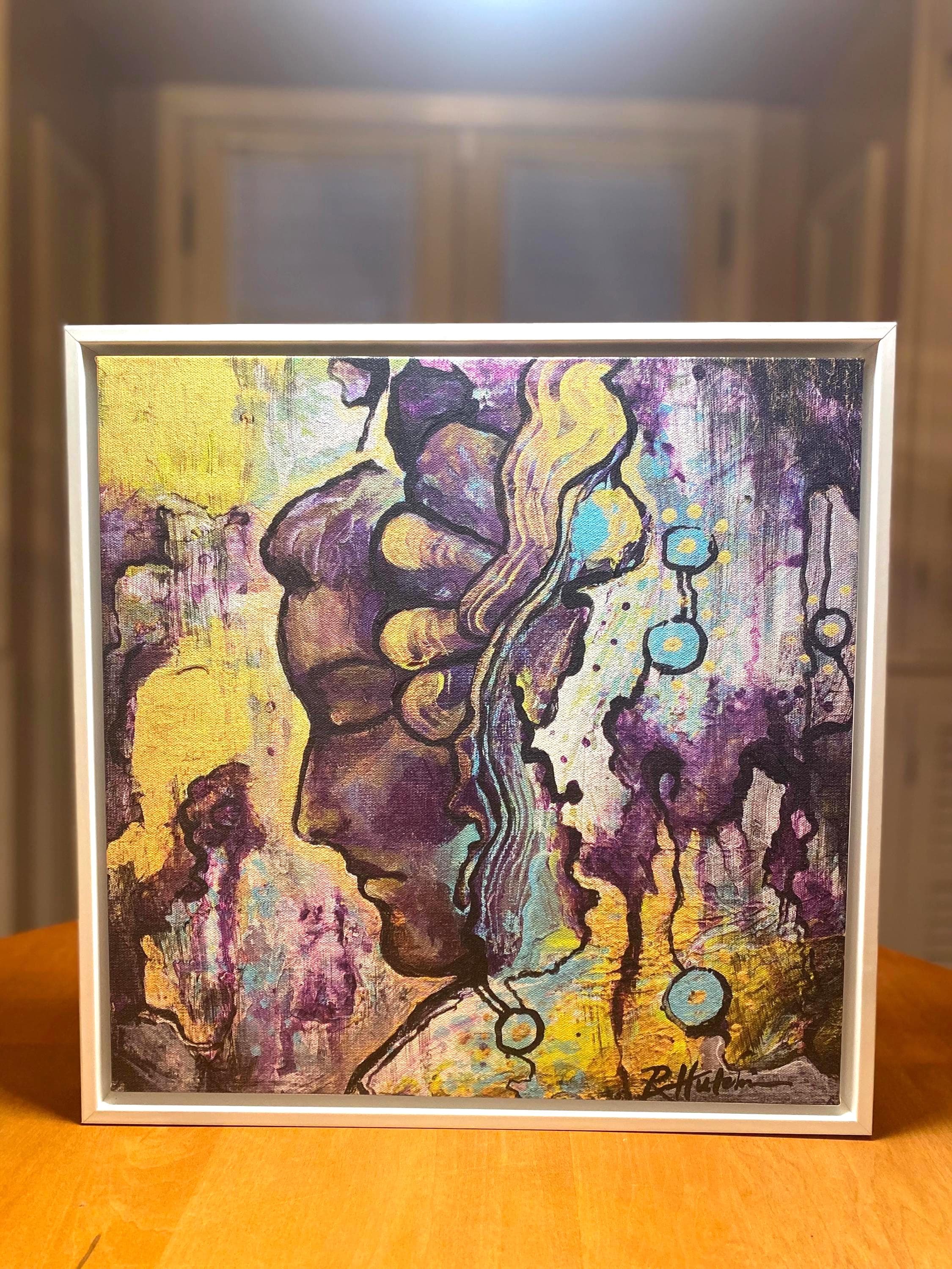 Framed AbstractFemale Face Canvas Print, Purple and Gold Giclée, Manifestation Art 16x16”