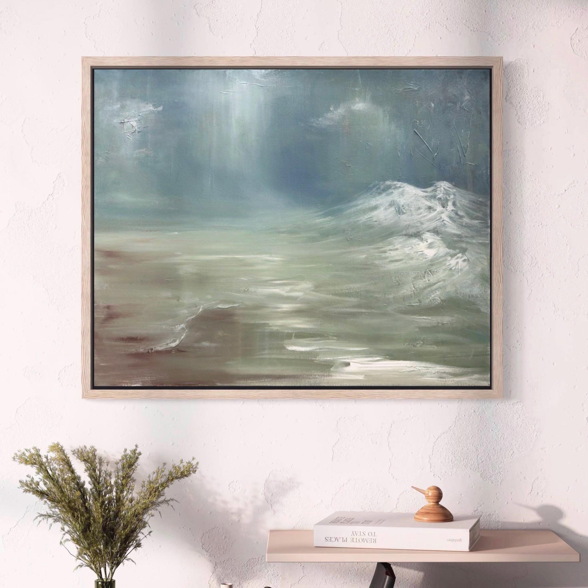 Framed Seascape Painting, Gray Green and Blue, 24x36" Original Wall Art, Hand-Painted Art