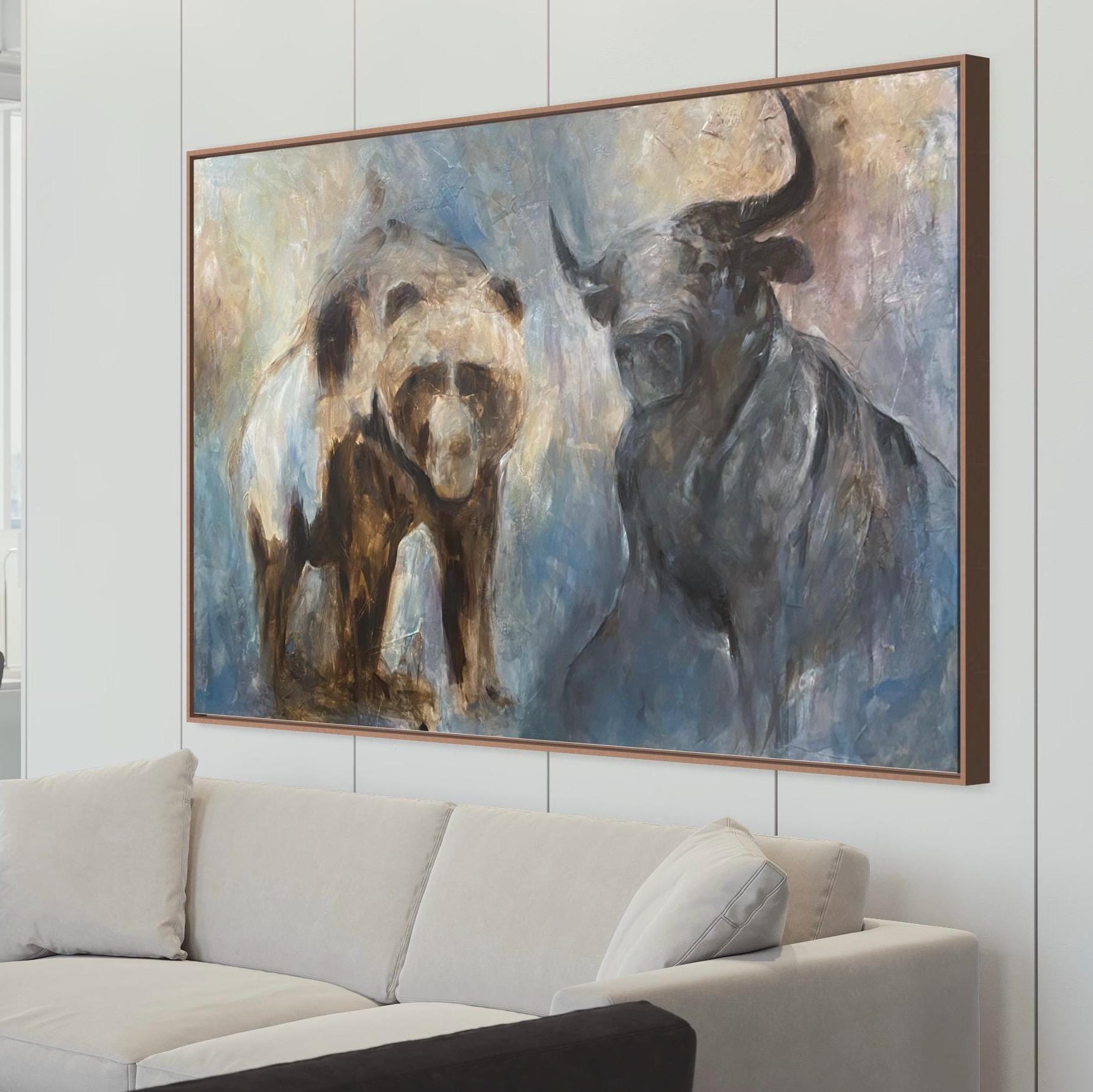 Hand-Painted Bear and Bull Canvas, Wildlife Artwork, Bear Painting