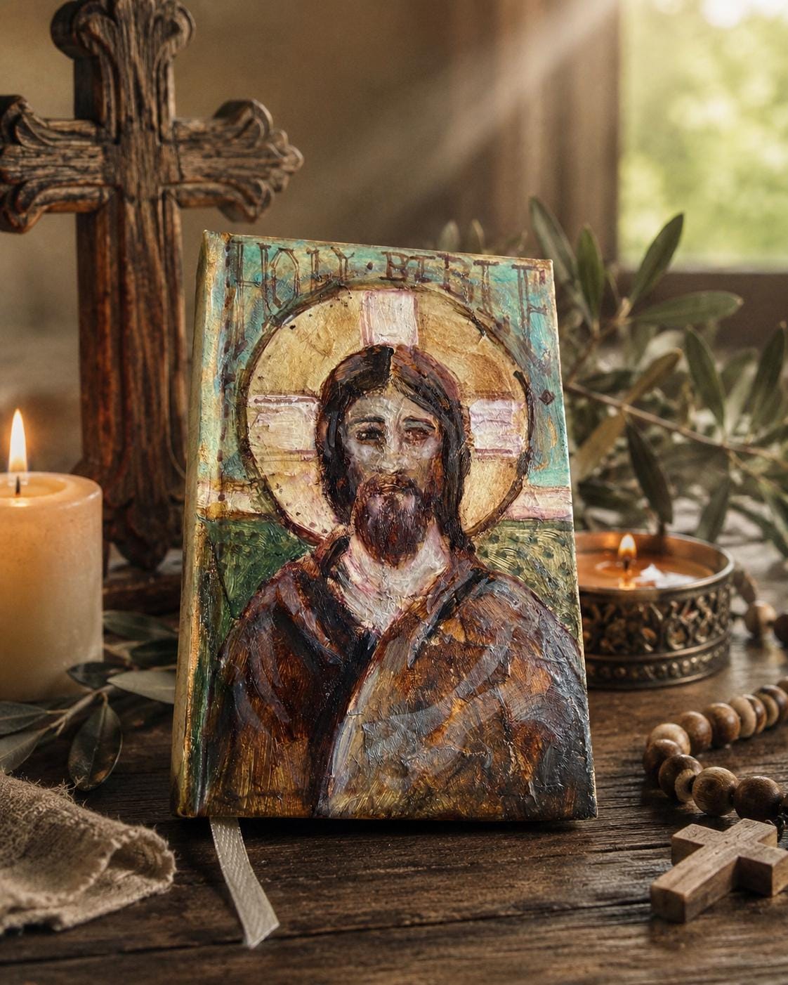 Hand-Painted Bible with Old World Style Christ