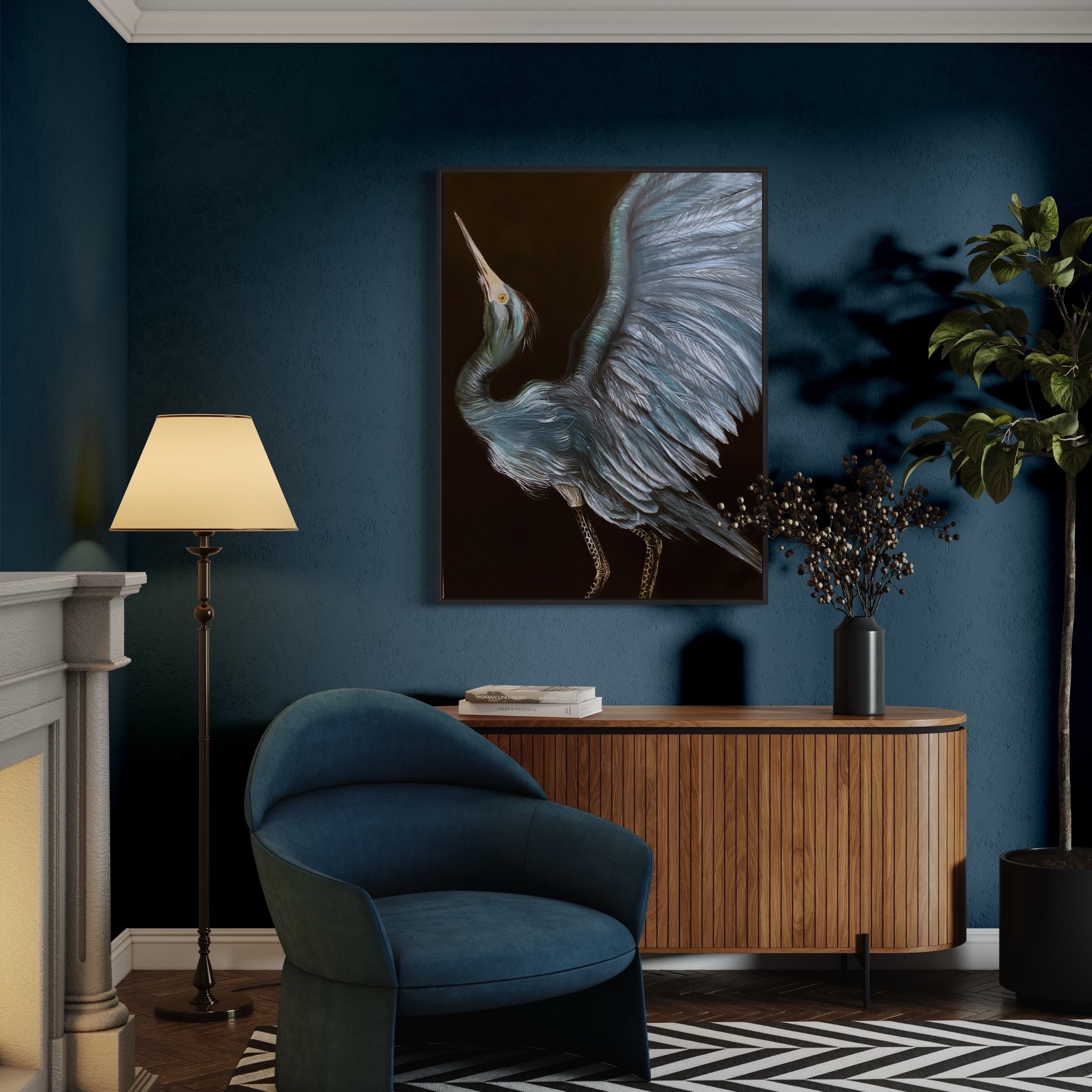 Hand-Painted Blue Heron Canvas, Wildlife Artwork, Bird Painting