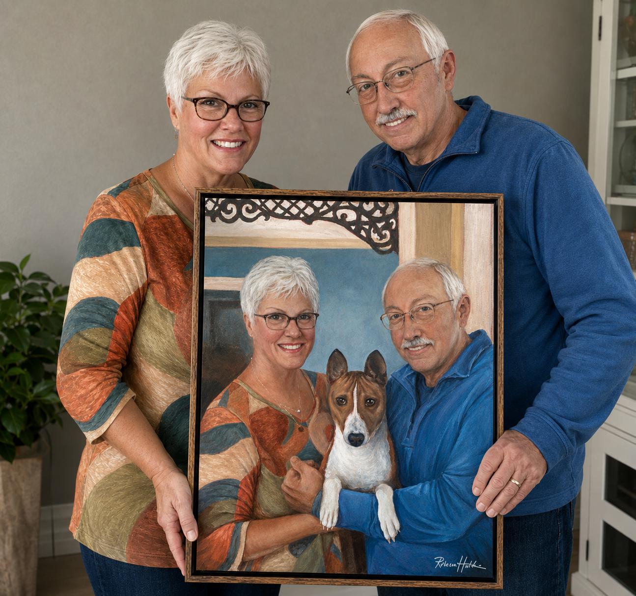 Hand-Painted Couple with Pet Portrait, Oil or Acrylic Painting