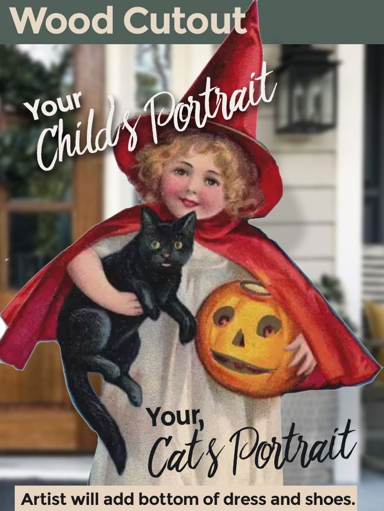 Hand-Painted Halloween Wood Cutout Portrait, Child and Cat, Vintage Witch Decor