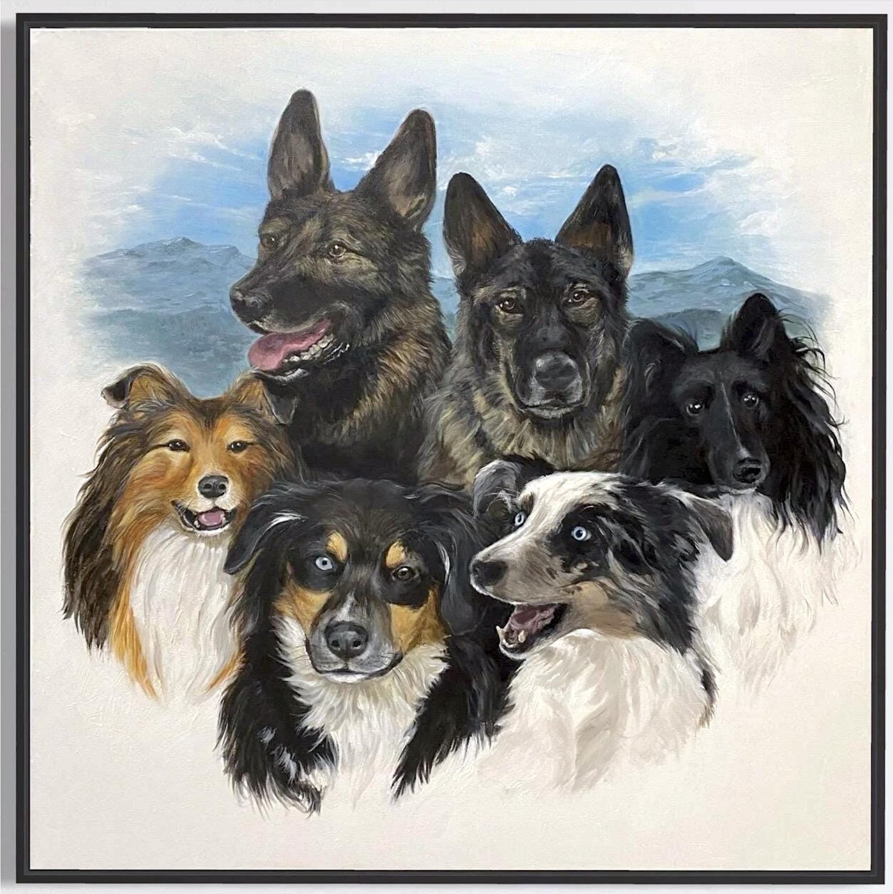 Hand-Painted Multiple Pet Oil Portrait, Custom Dog Art