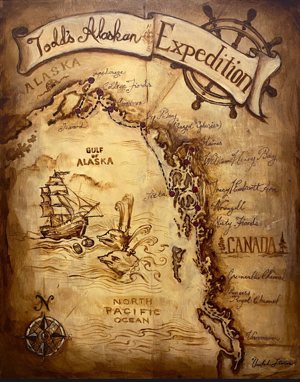Hand-Painted Personalized Nautical Map, Travel Memory Art
