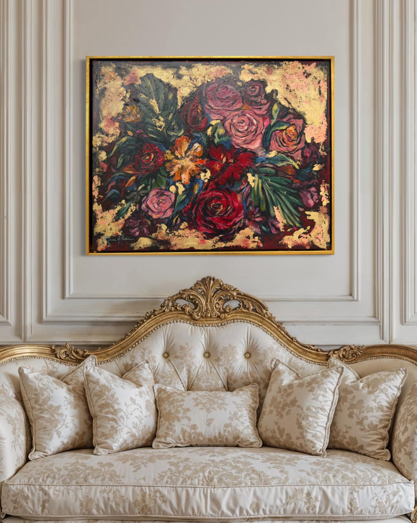 Large Abstract Floral Painting, Red Rose Wall Art, Pink Flower Canvas, Gold Framed Original Artwork, Textured Acrylic Bouquet Gold Leaf