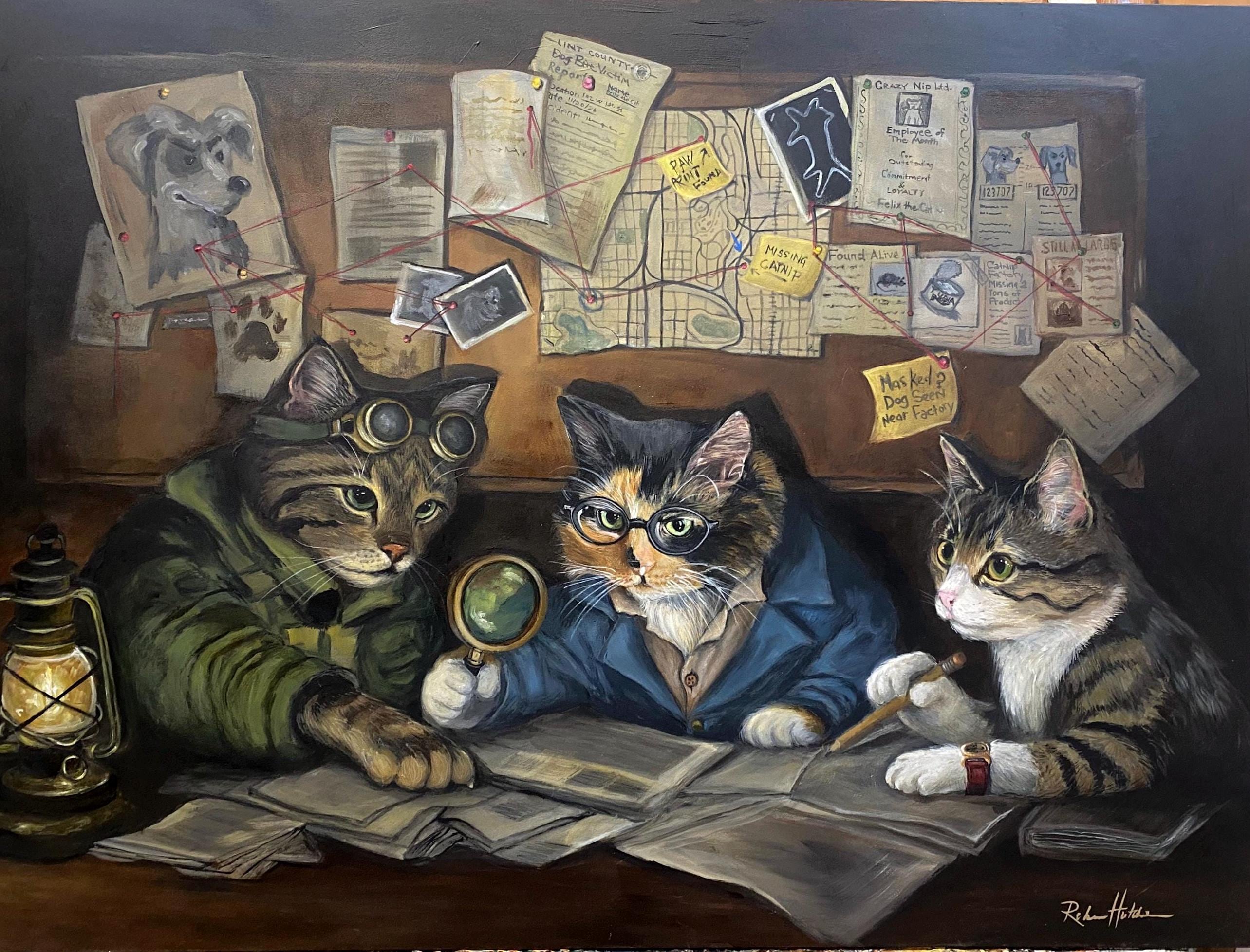 Multiple Pet Oil or Acrylic Painting Portrait with detailed Background, Funny Cat Art