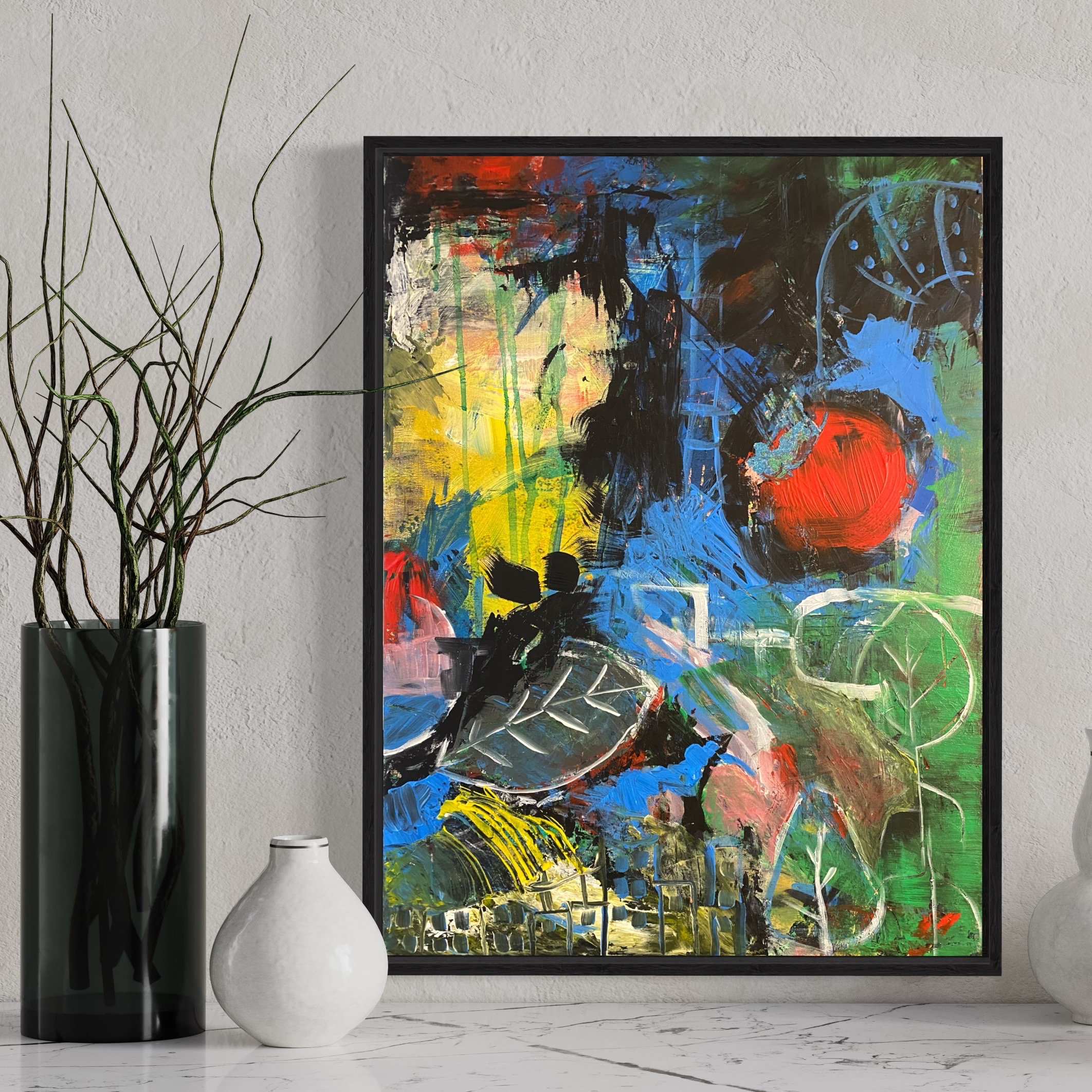 ORIGINAL ART Abstract Stretched Canvas Painting Wall Art - 18x24” Black, Blue, Red, Yellow