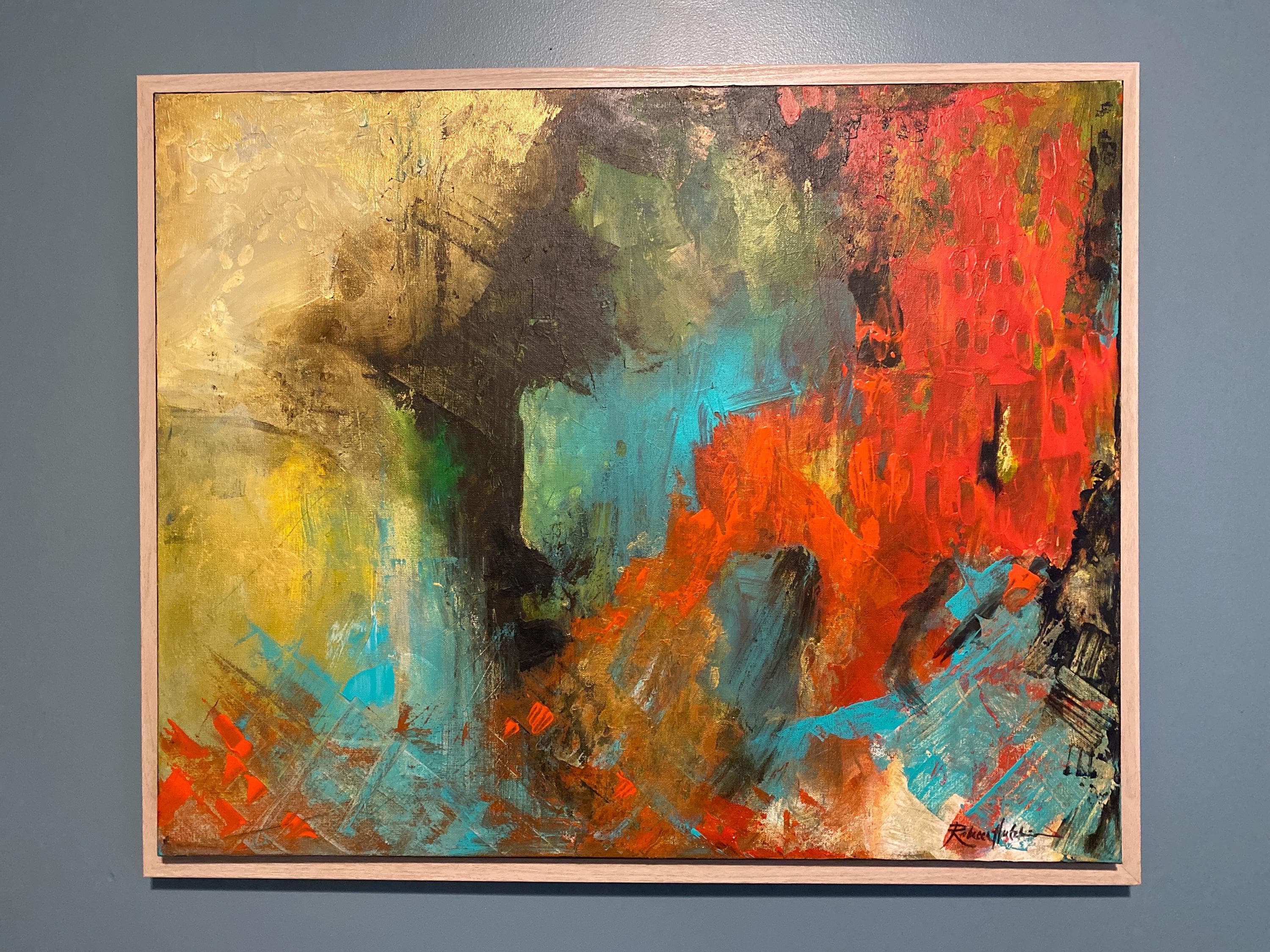 Oversized Abstract Painting, Warm Red, Aqua, Gold, Brown, 30 x 24