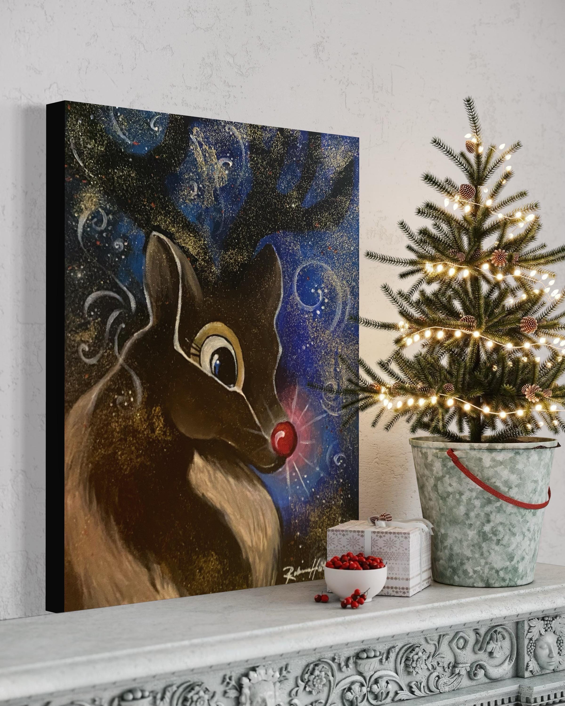 Hand-Painted Rudolph Canvas, Glittery Christmas Art, 1950s Style, Vintage Look