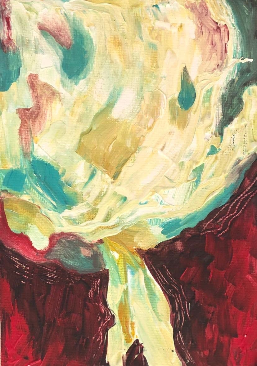 Small Abstract Expressionist Acrylic Painting, Red, Yellow, Green, 5x7" Canvas Panel Wall Art