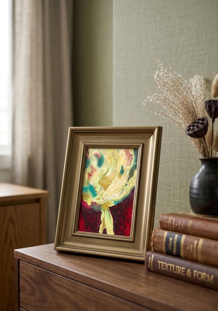Small Abstract Painting for Desk, Red, Yellow, Green, 5x7" Canvas Panel Wall Art